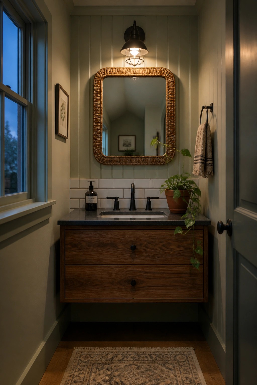 A small bathroom with sage green walls above white subway tile, a floating wood vanity, and a large woven mirror.