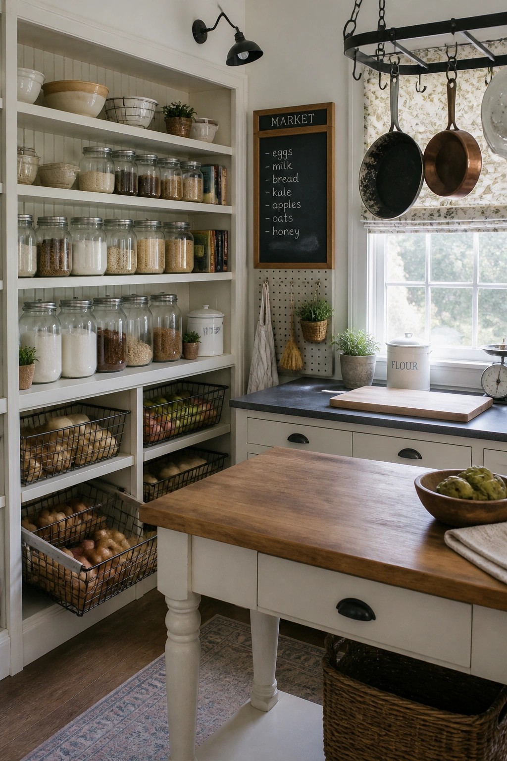 A bright farmhouse pantry features white open shelving stocked with glass jars, wire baskets of potatoes, a chalkboard shopping list, and a wooden island in the foreground.