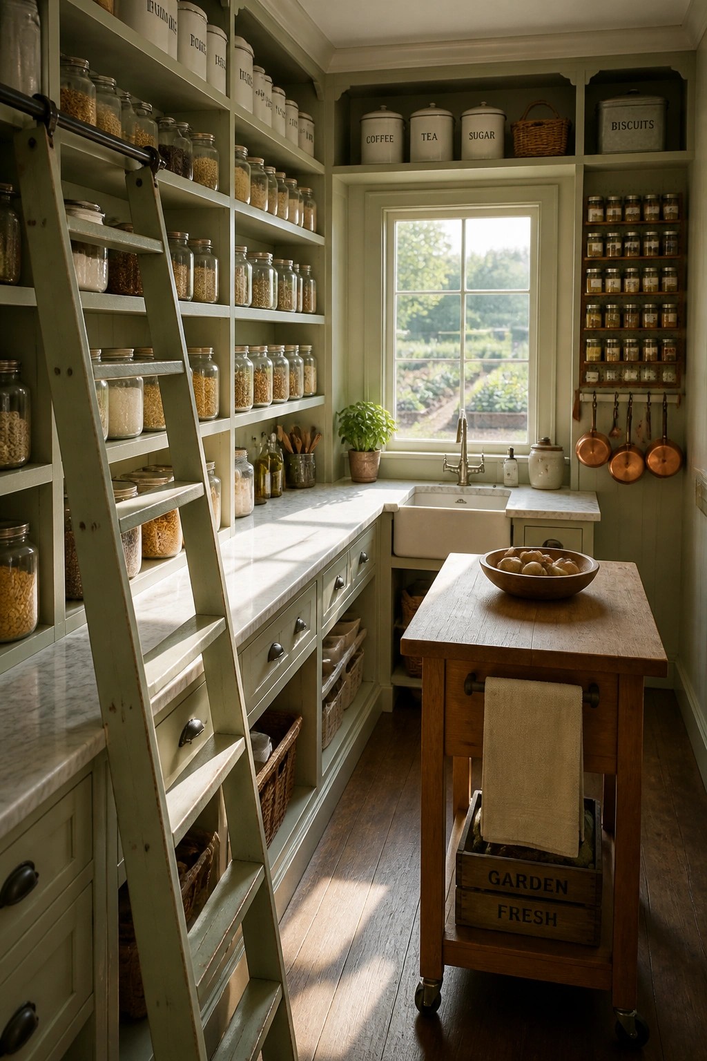 A light green pantry interior with tall built-in shelves holding glass jars, a rolling wooden ladder, a white sink under a window, and a wooden rolling island cart.
