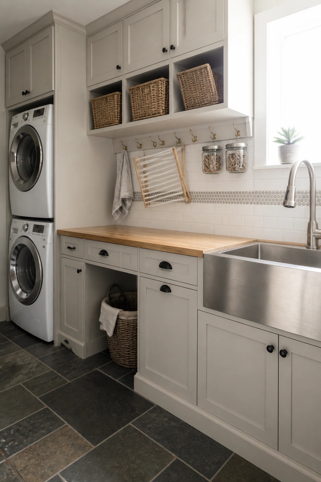 A laundry room featuring light gray painted cabinets, a wooden countertop, a stainless steel farmhouse sink, stacked washer and dryer, and open shelving with woven baskets.
