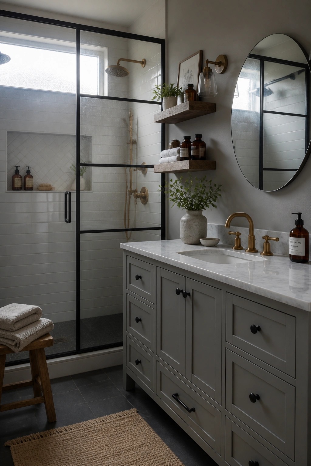 A farmhouse bathroom with gray painted vanity cabinets, white marble countertop, round mirror, and glass shower enclosure with brass fixtures.