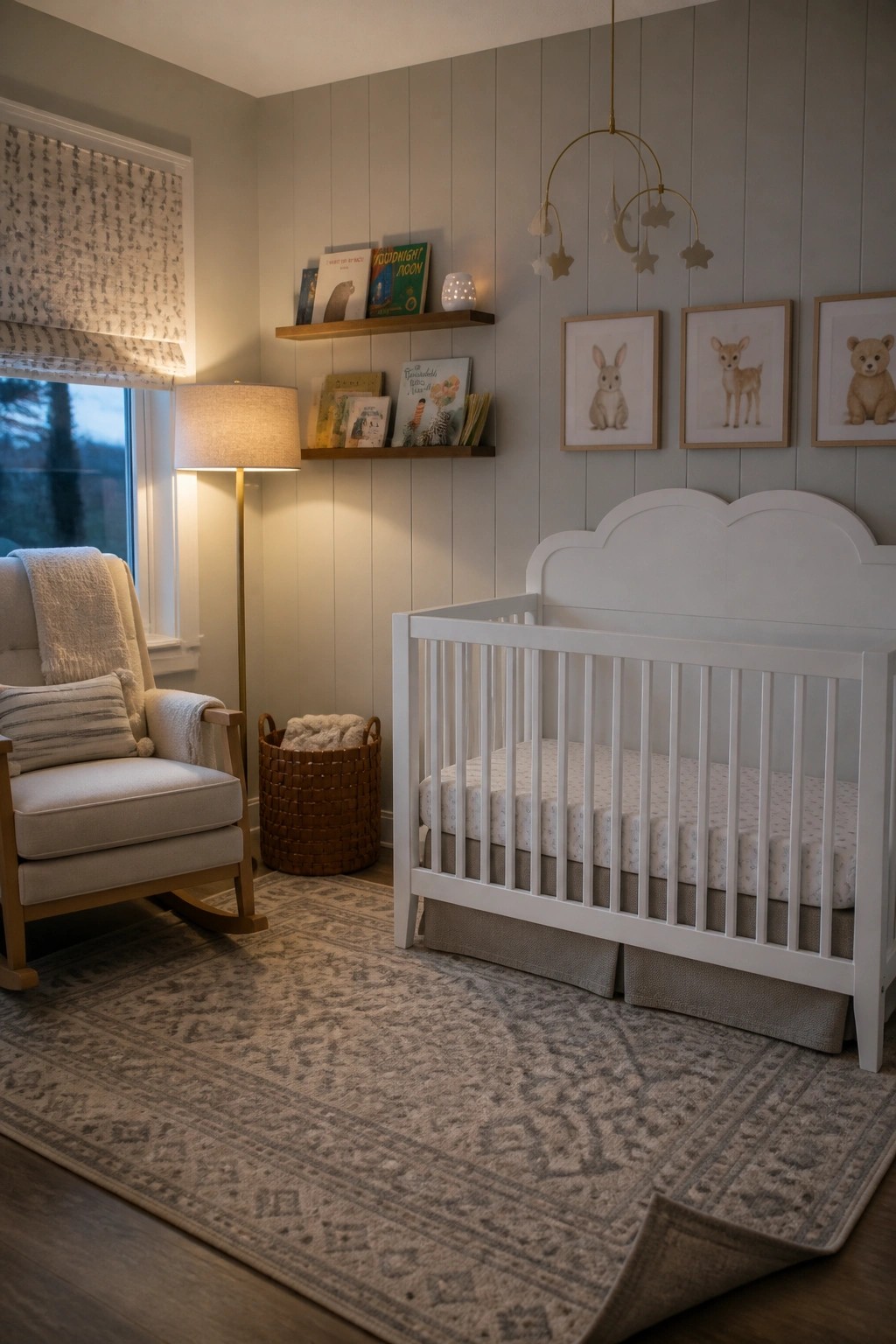 A nursery interior with light gray walls, a white scalloped crib, wooden rocking chair, patterned rug, and floating wood shelves holding books.