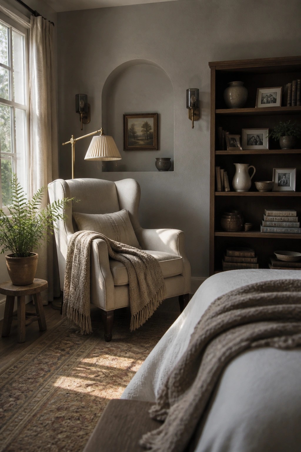 A cozy interior corner with a beige wingback chair, wooden bookshelf, arched wall niche, and soft gray painted walls.