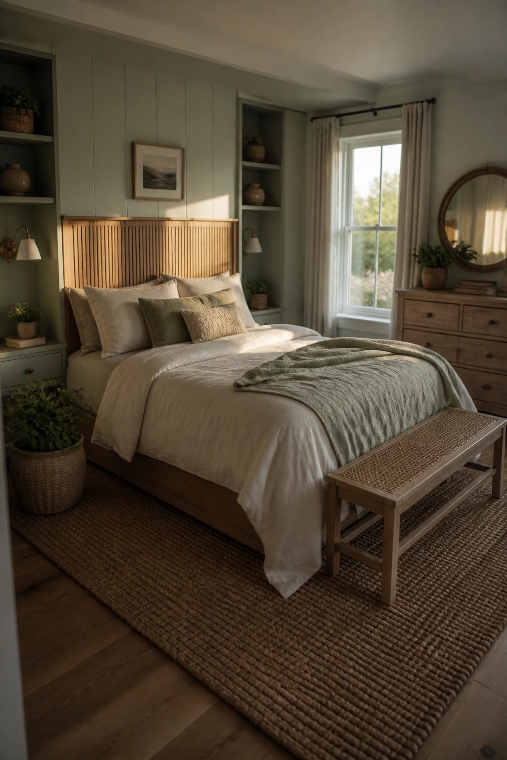 Cozy bedroom with wooden bed, white linens, green throw, woven rug and bench