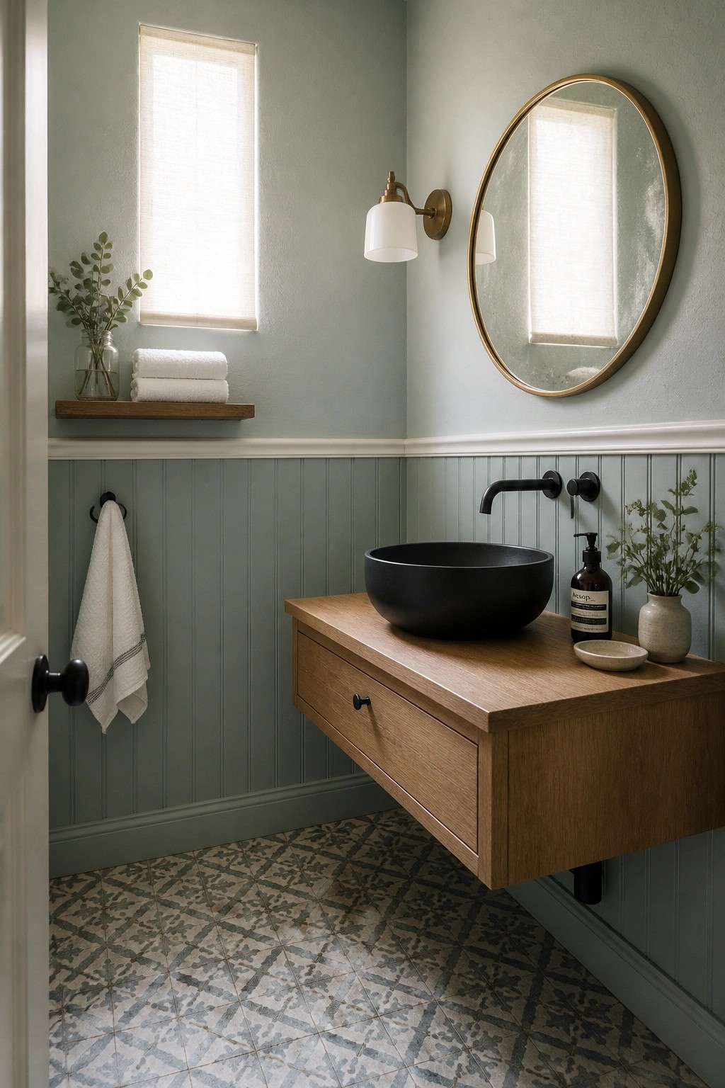 Modern bathroom with sage green walls, wooden vanity, black vessel sink, round mirror.