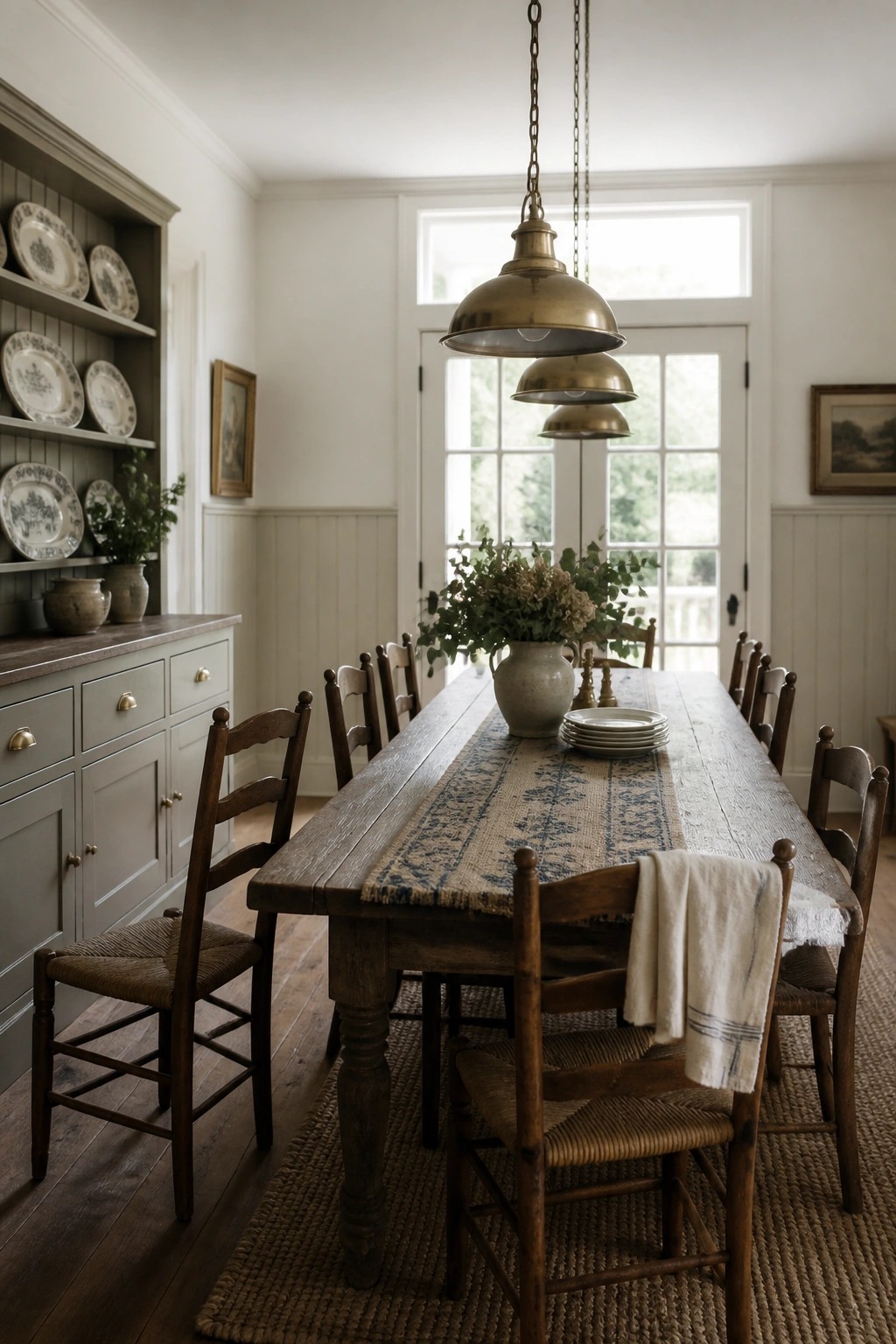 A farmhouse dining room featuring a long wooden table on a jute rug, wooden spindle chairs, a sage green hutch with open shelves holding white plates, and a large vase of greenery centered on the table.