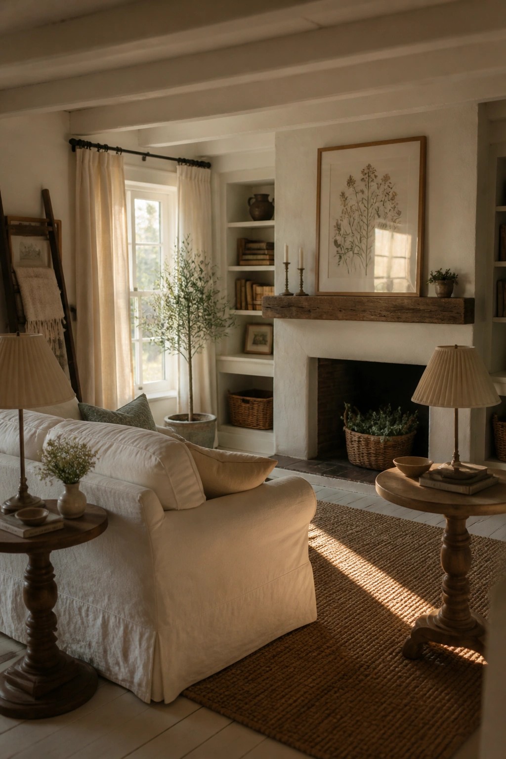 A bright living room with white walls, a slipcovered sofa, built-in shelves around a fireplace, and wooden side tables.