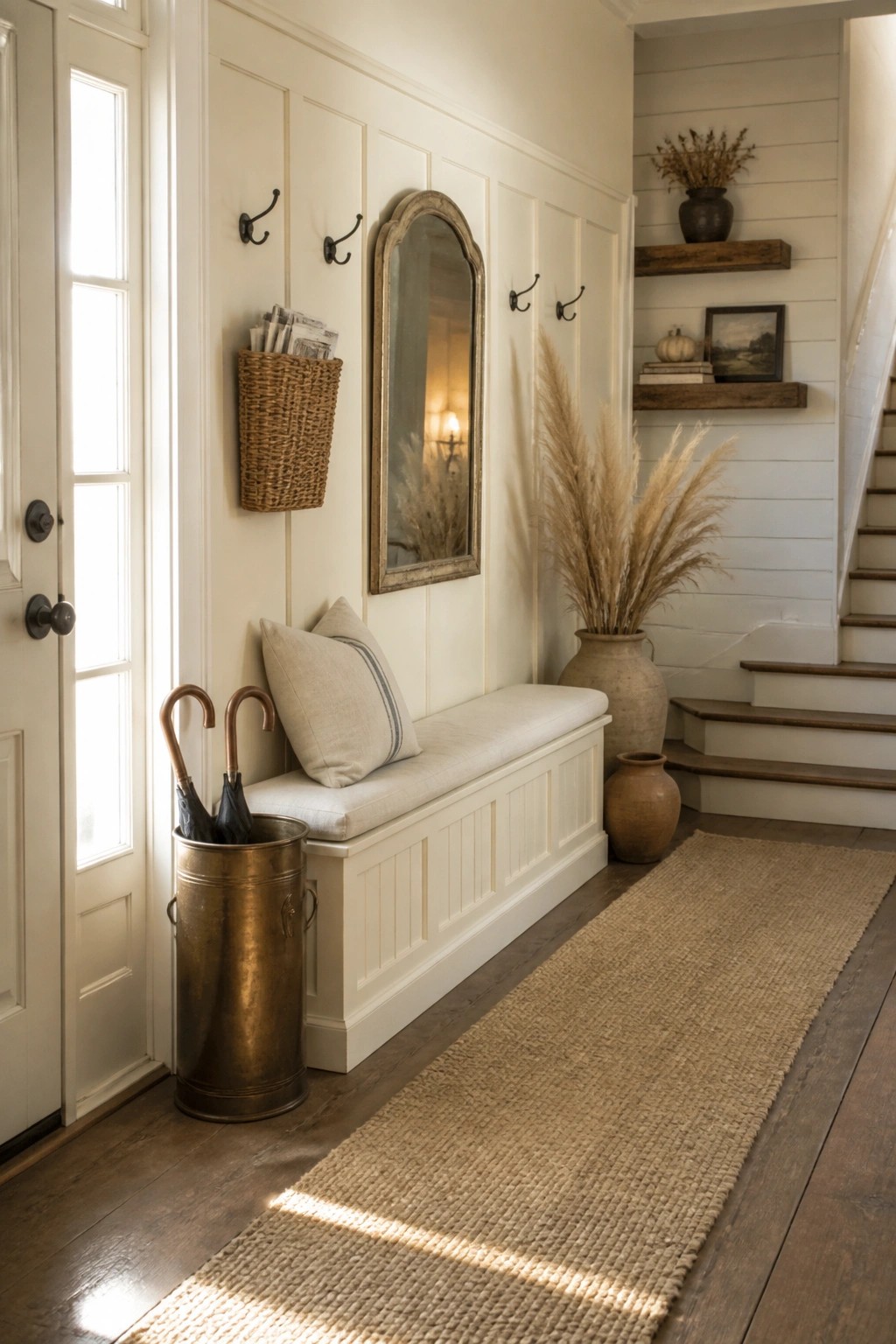 An entryway features cream-colored paneled walls with a built-in bench, wall hooks, an arched mirror, a brass umbrella holder, and a long woven rug on dark wood floors.