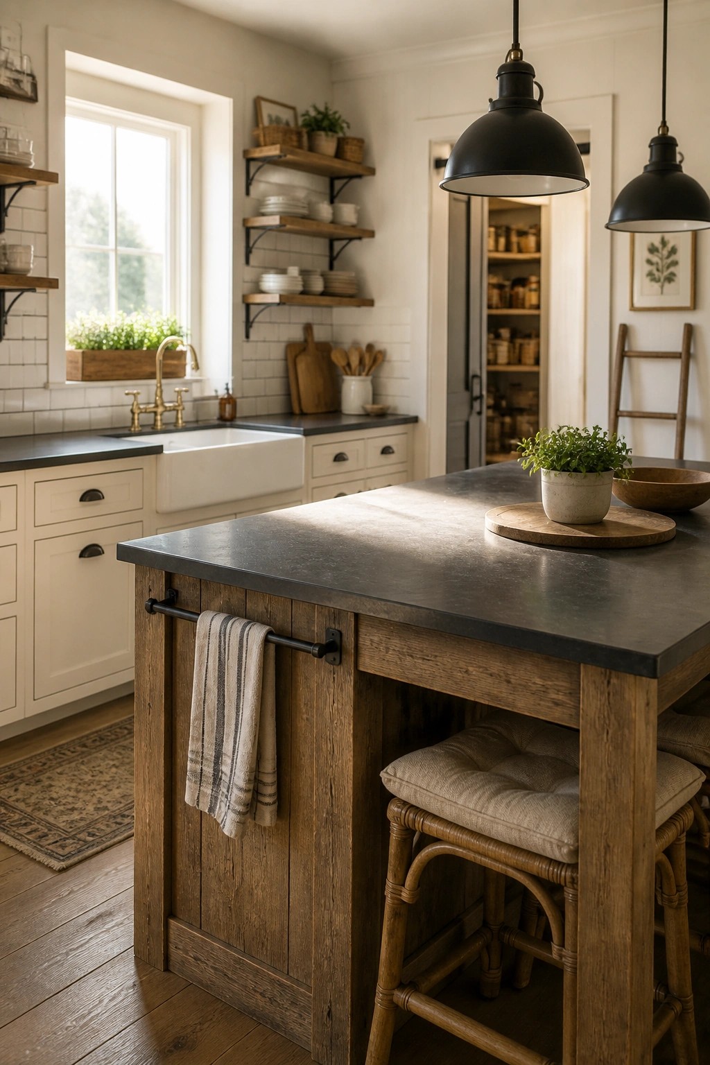 Rustic kitchen with wooden island, black pendants, stools, and white farmhouse sink