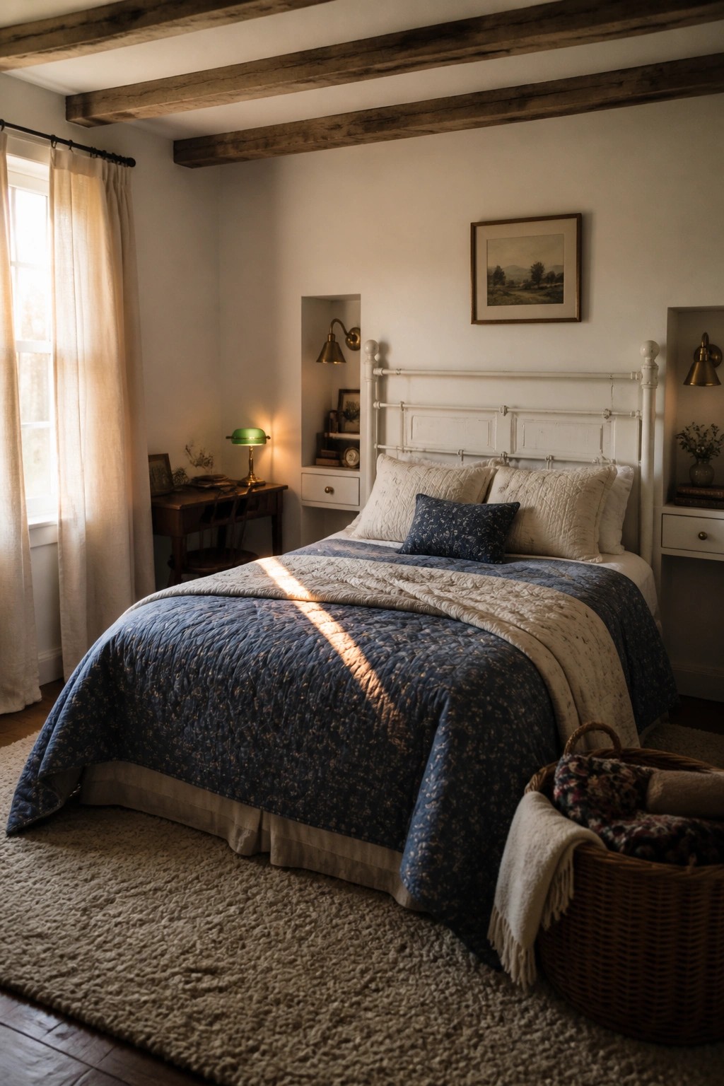 Cozy bedroom with white iron bed, blue floral quilt, sunlight, and wicker basket
