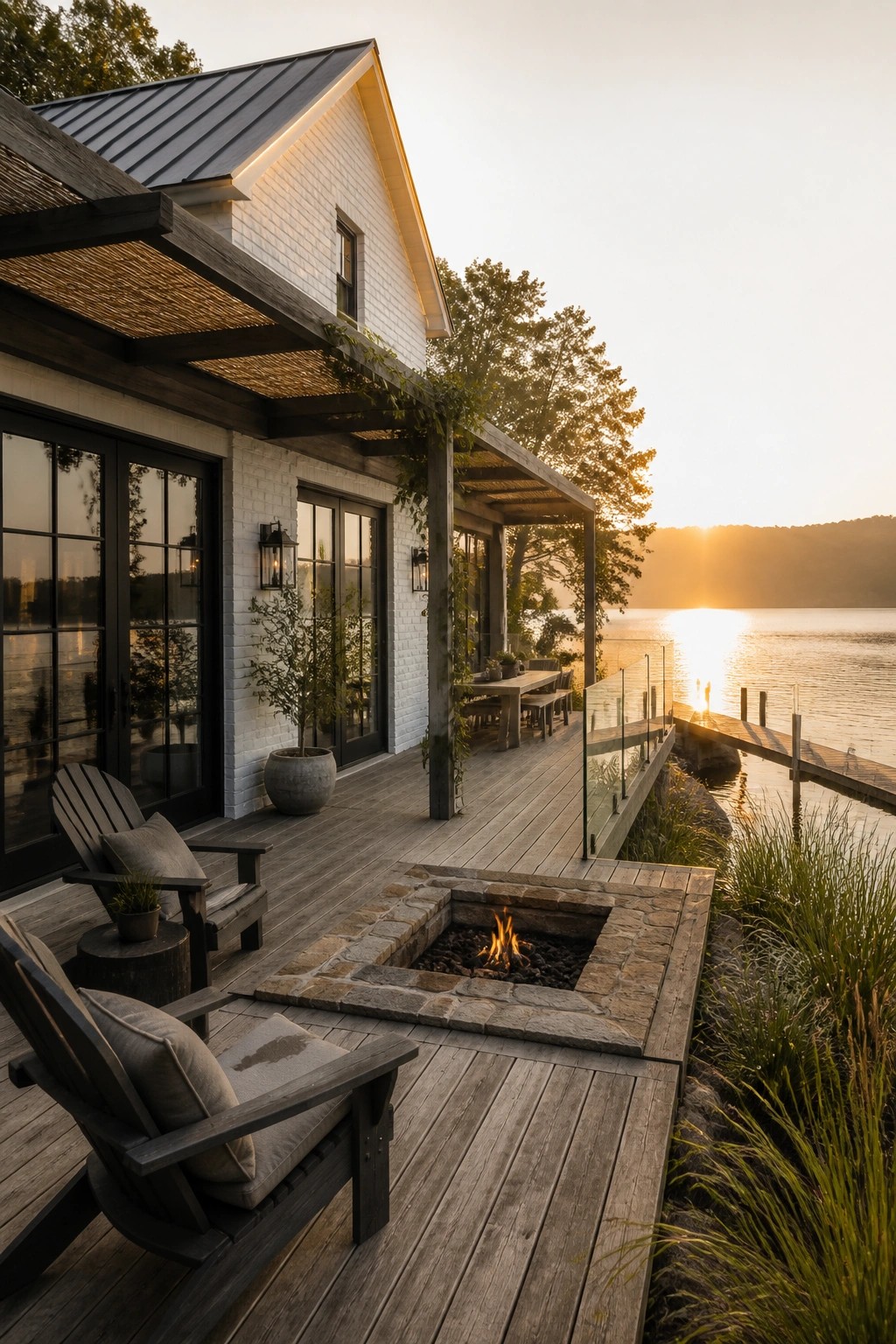 A white brick house with a large wooden deck, stone fire pit, and Adirondack chairs overlooking a lake at sunset.