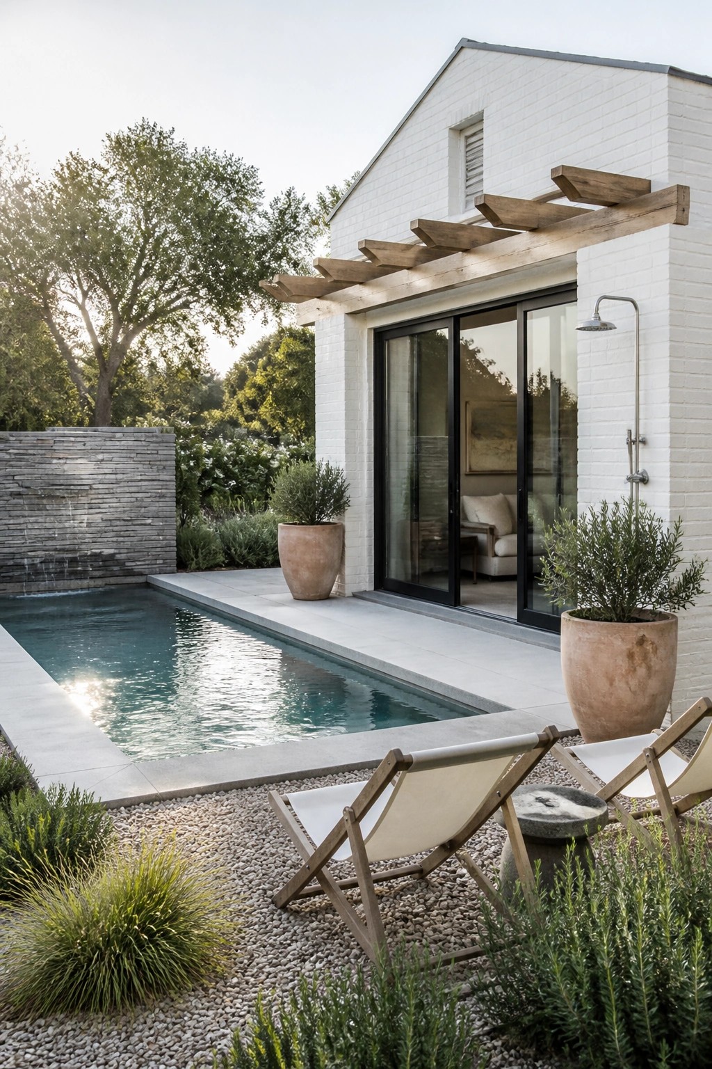 A modern white brick house exterior with a rectangular pool, wooden pergola over sliding glass doors, two lounge chairs on gravel, and large terracotta pots with plants.