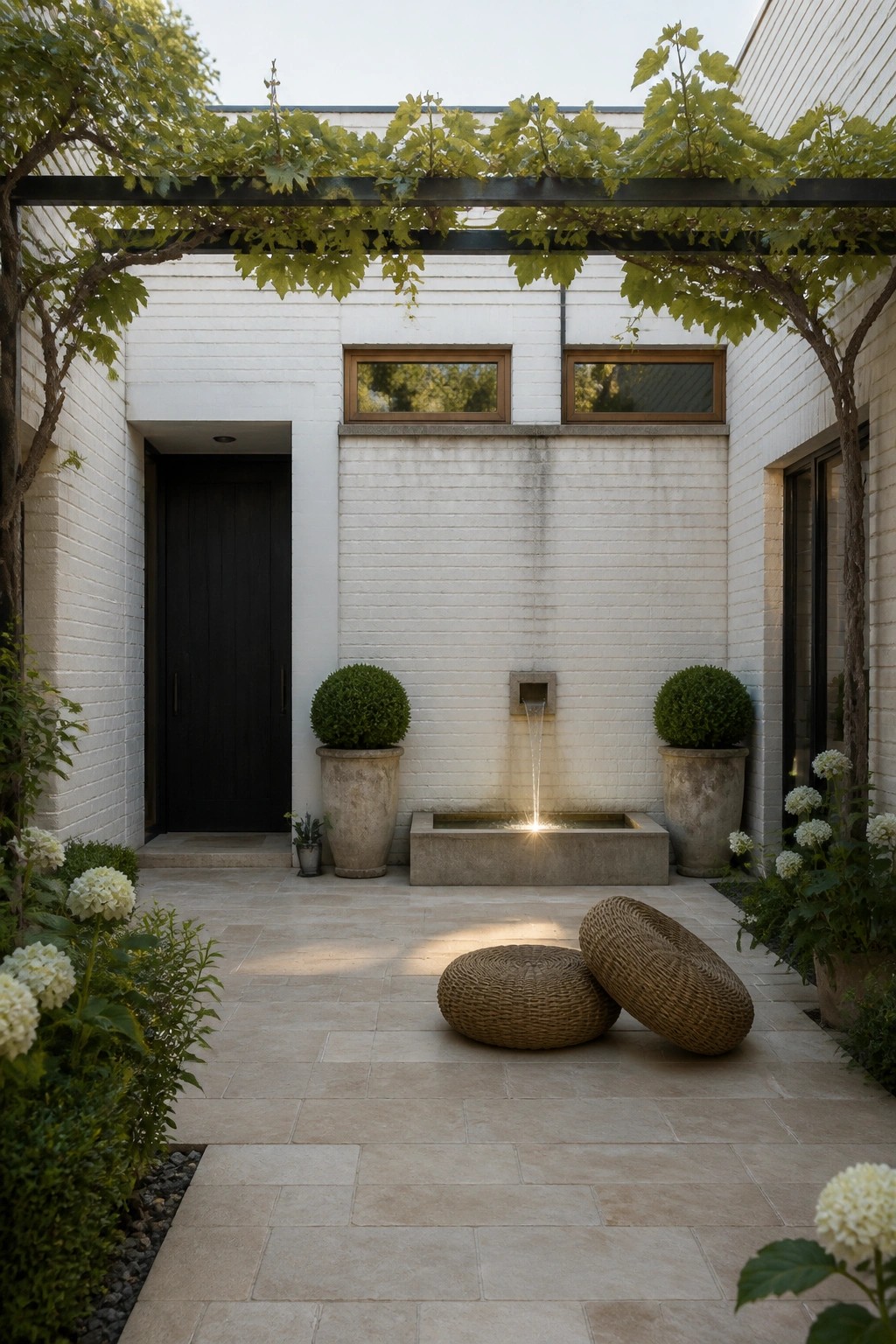 A small courtyard enclosed by white brick walls has a concrete wall fountain flowing into a rectangular basin, with two large potted shrubs on either side, woven ottomans on the stone floor, and a vine-covered pergola overhead.