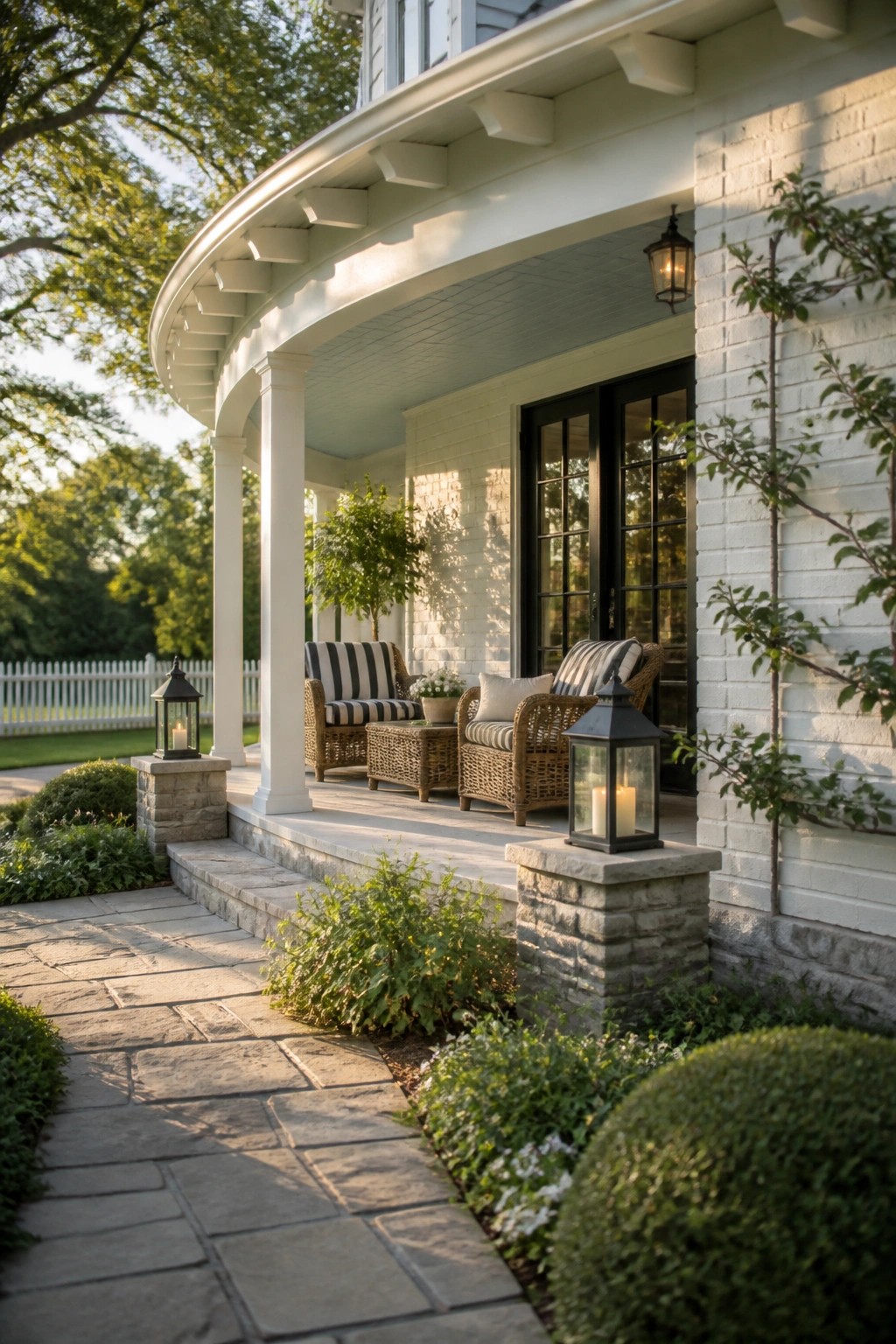 A white brick house with a curved porch, black double doors, wicker seating, and stone lanterns along a paved walkway.