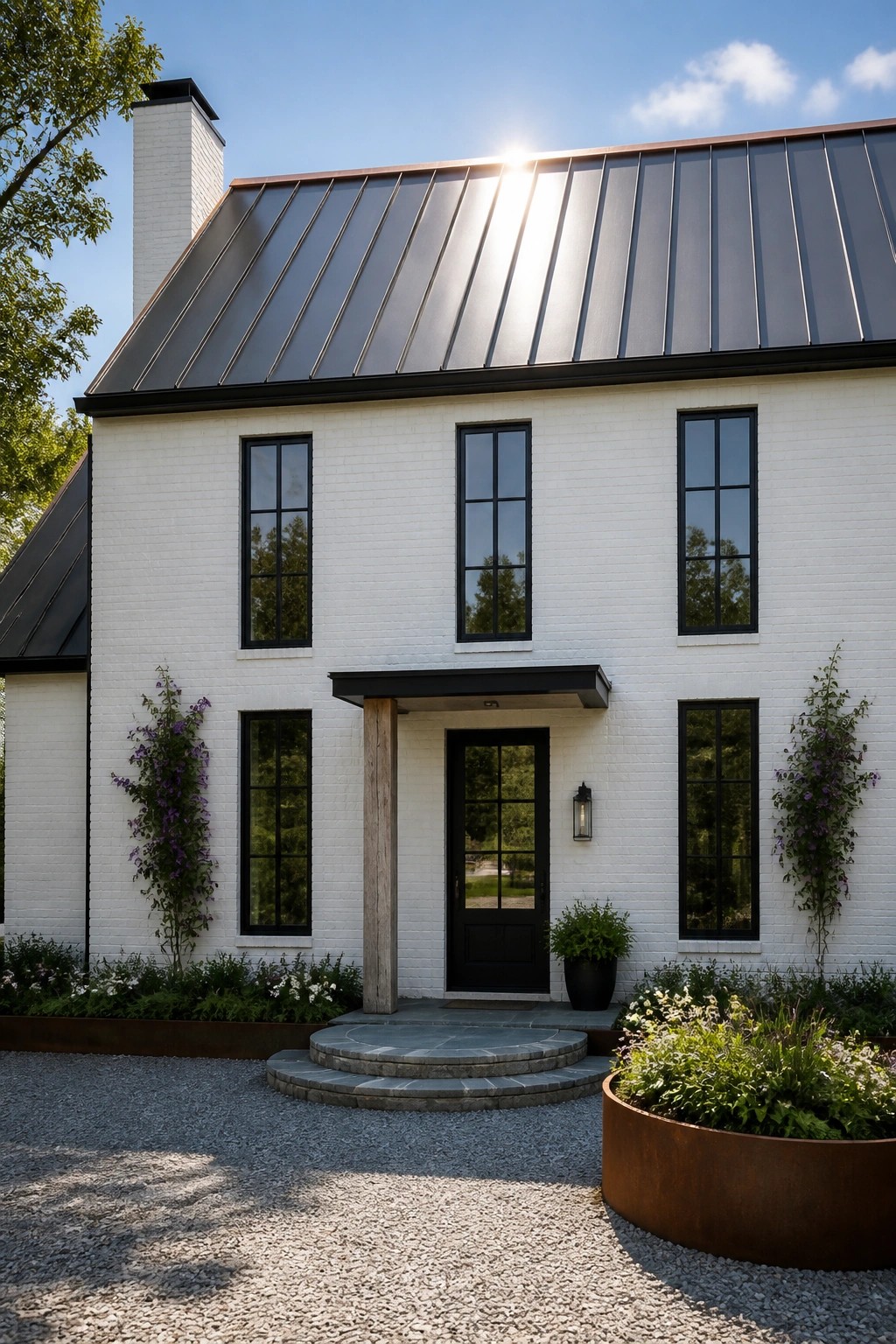 A white brick two-story farmhouse with a black metal roof, black-framed windows, a black front door, and a stone step entry flanked by copper planters.