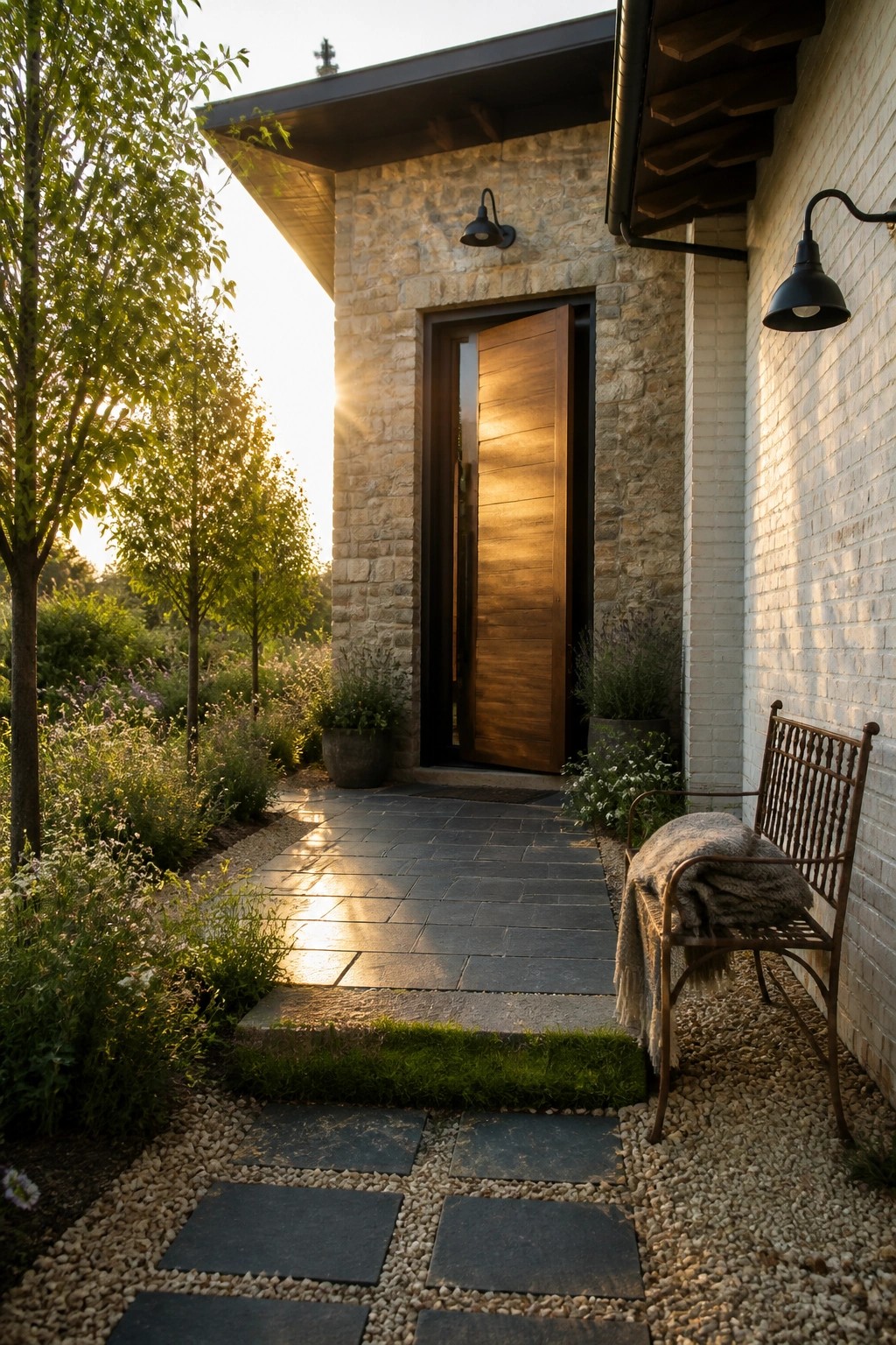 Stone house entrance with glowing open door, slate path, metal bench, and plants at sunset