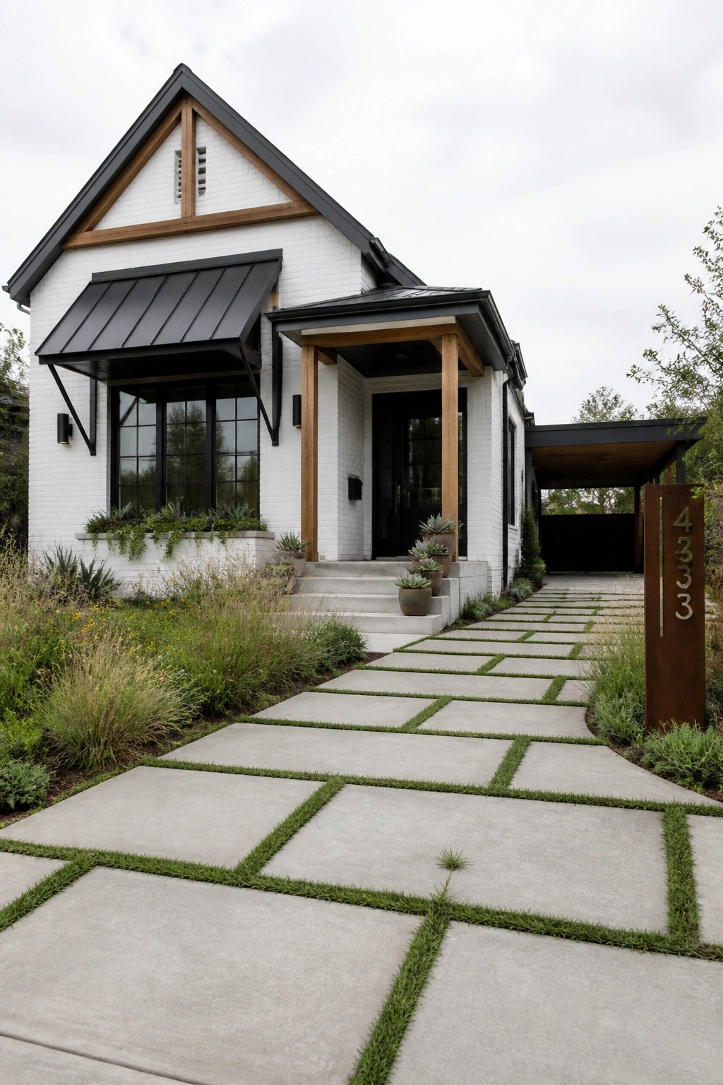 A white brick house with black metal roofing and awning, wooden support beams at the entry, and a concrete paver walkway.