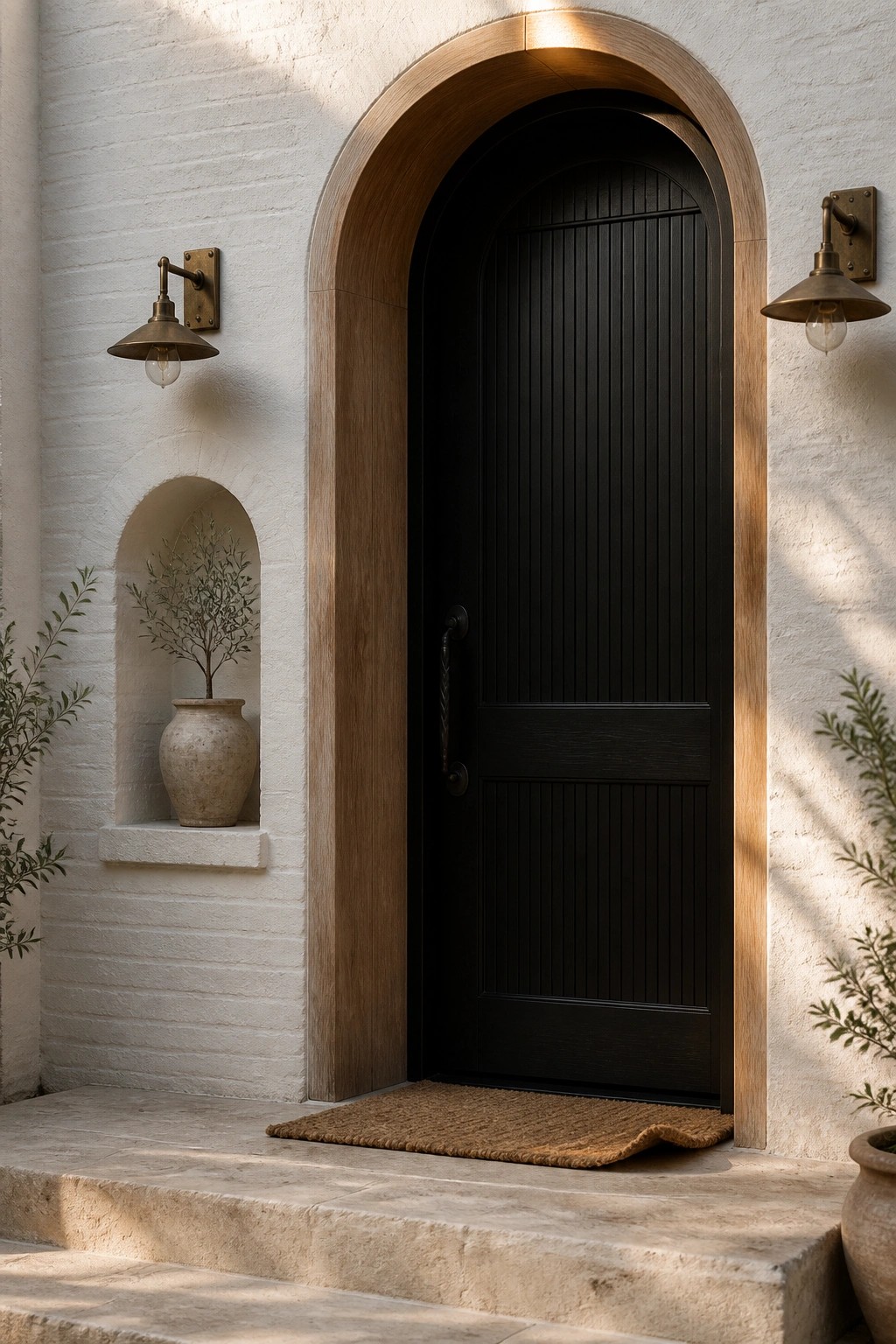 A black arched door with vertical paneling and a wooden surround set into a white brick wall, flanked by brass sconces and a recessed niche with a clay pot.
