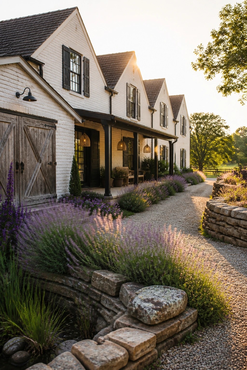 A row of white brick farmhouses with black shutters and trim along a gravel path bordered by lavender and stone walls.