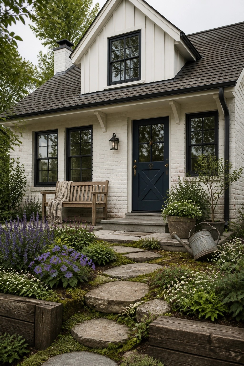 White brick cottage with navy door, wooden bench, and stone path through flower garden