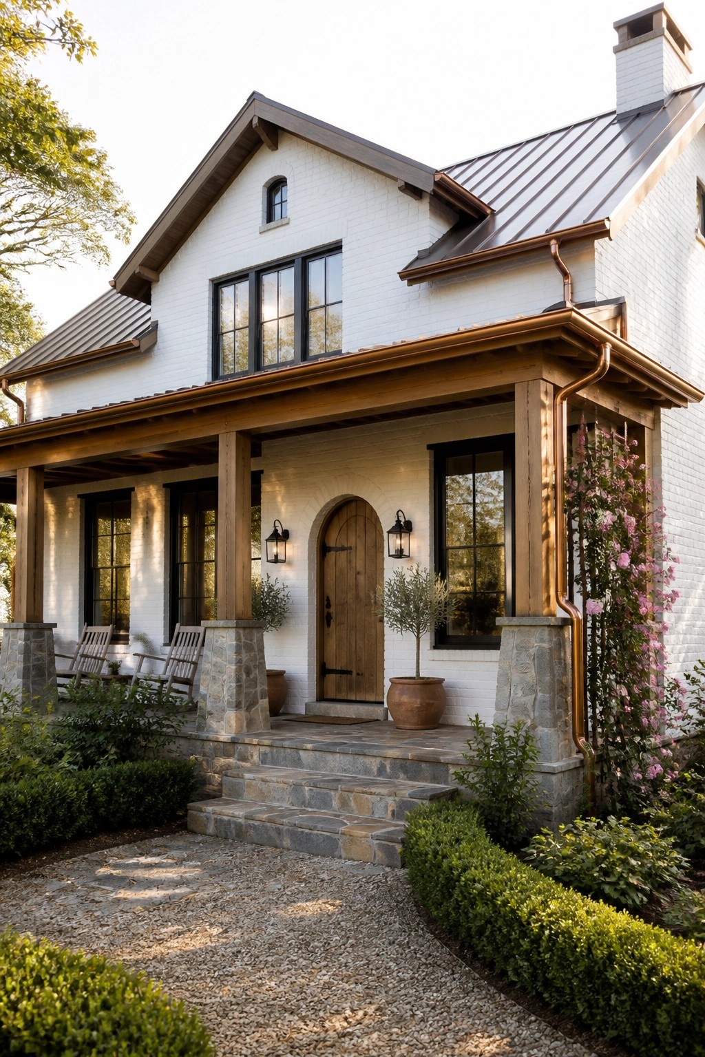 White brick house with wooden porch, arched door, stone steps, and garden.