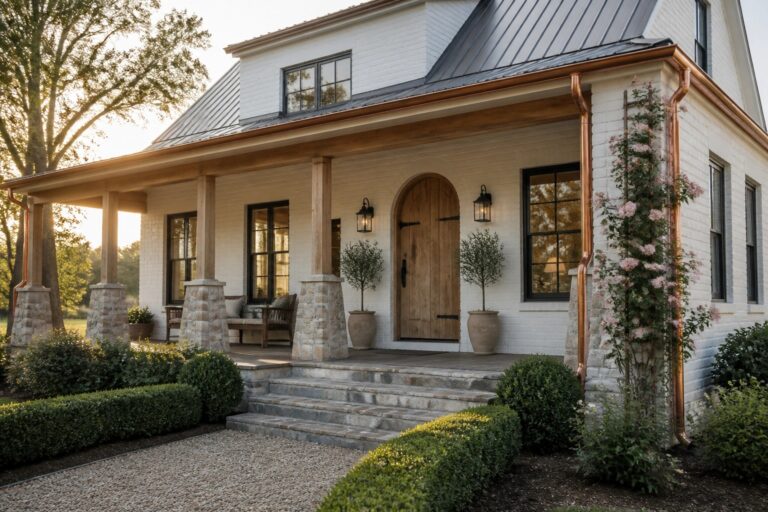 White brick house with wooden porch, arched door, stone steps, and garden.