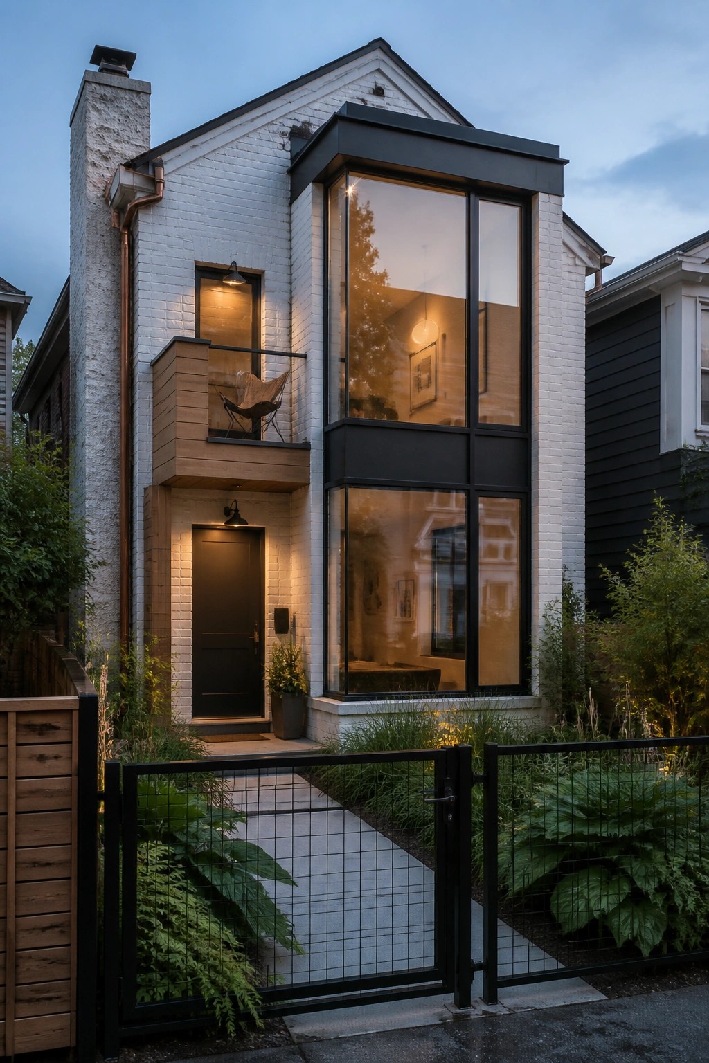 A white brick house exterior featuring a prominent two-story black-framed glass addition and a small upper balcony.