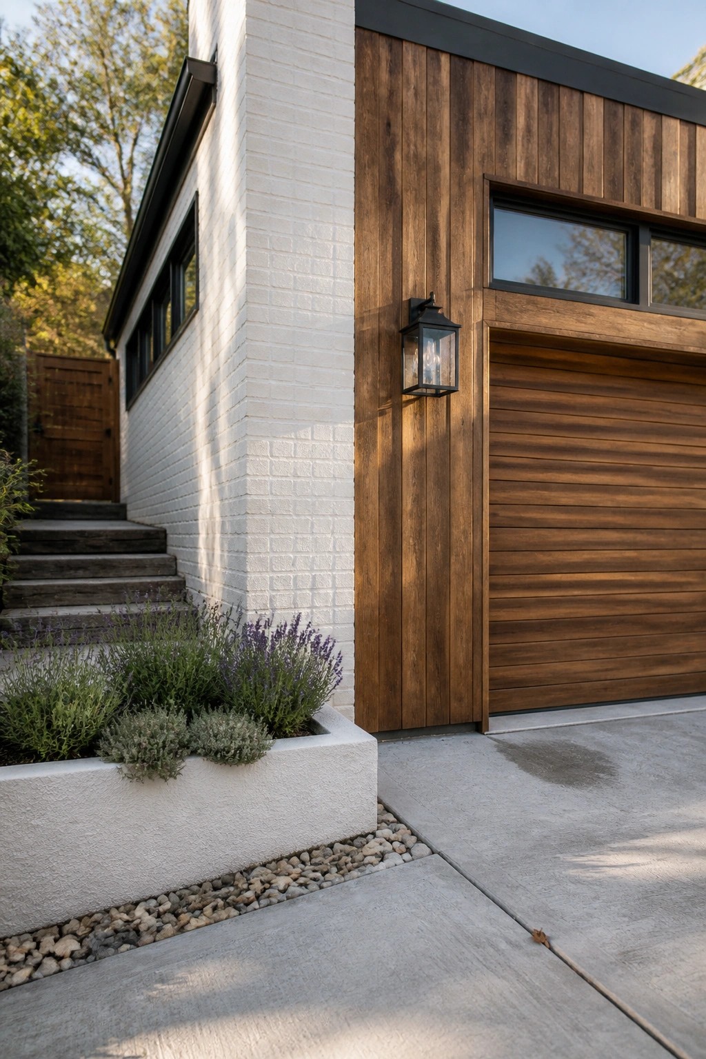 Modern home with white brick wall, wood garage door, lantern, and lavender plants.
