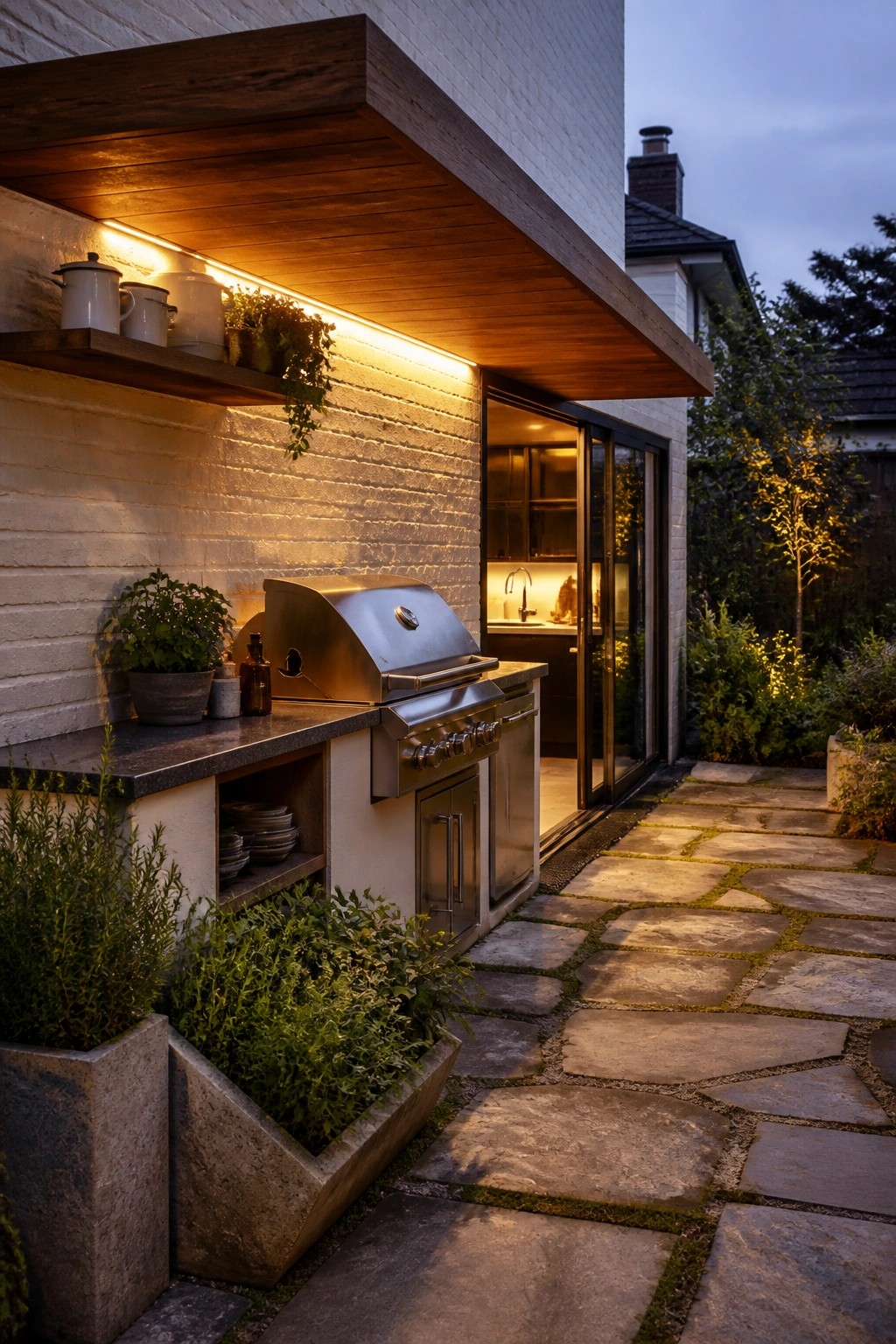 A stainless steel outdoor grill built into a counter against a white brick wall, with a wooden overhang above and a stone patio path in front.