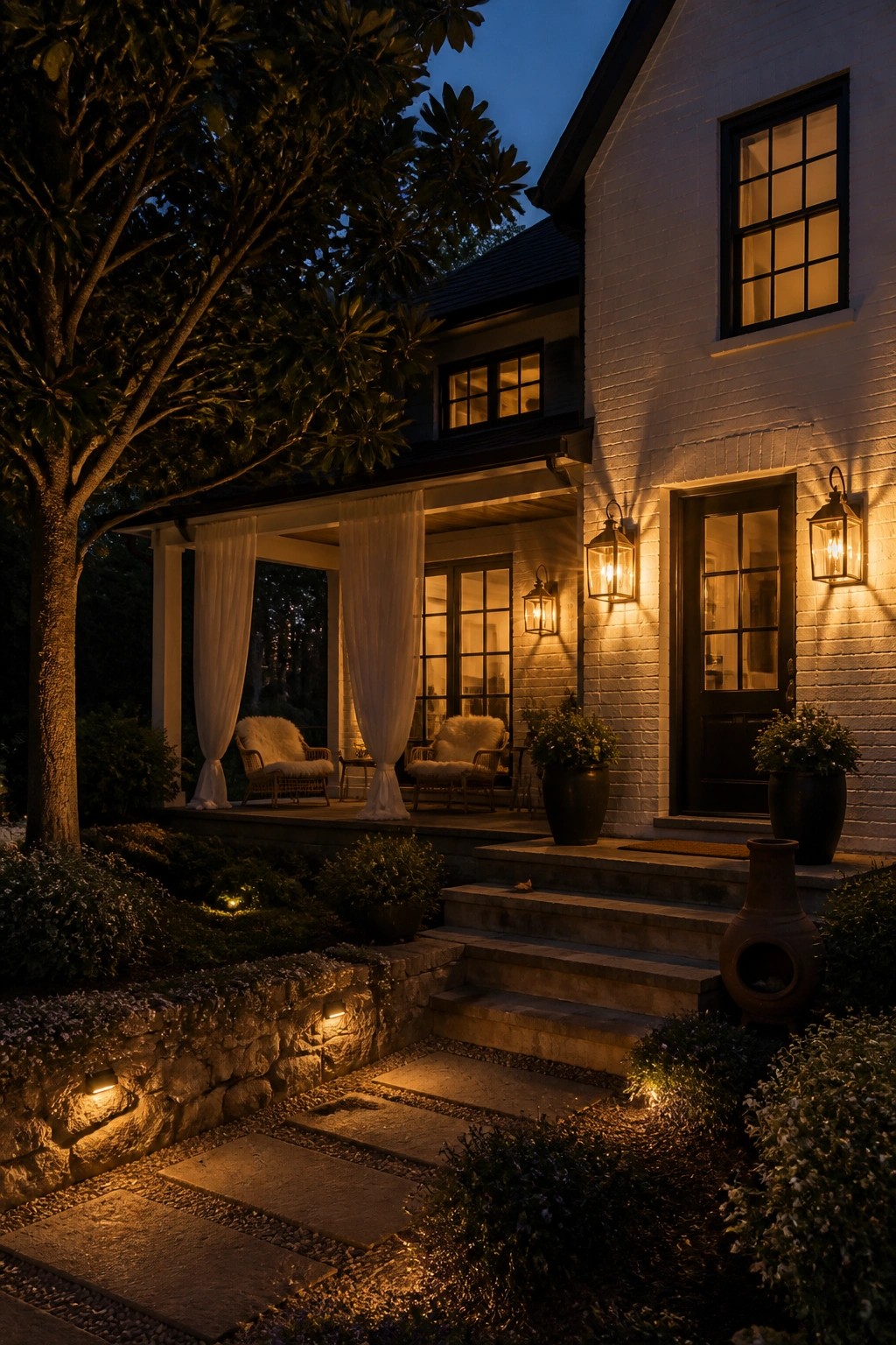 Illuminated white brick house with lantern-lit porch, stone steps, and pathway at dusk