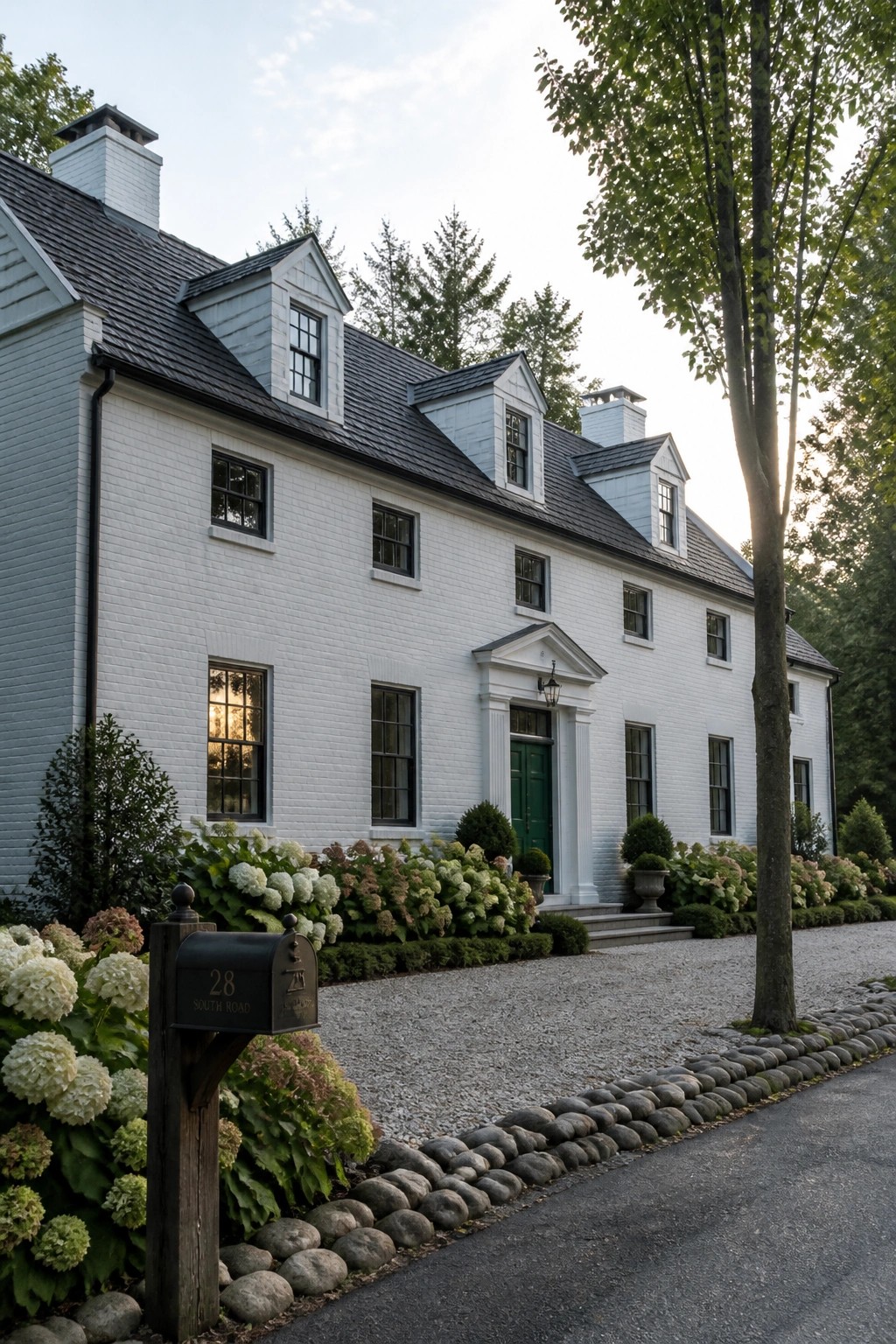 A white brick farmhouse exterior with a dark shingled roof, green front door, and gravel driveway bordered by hydrangeas.