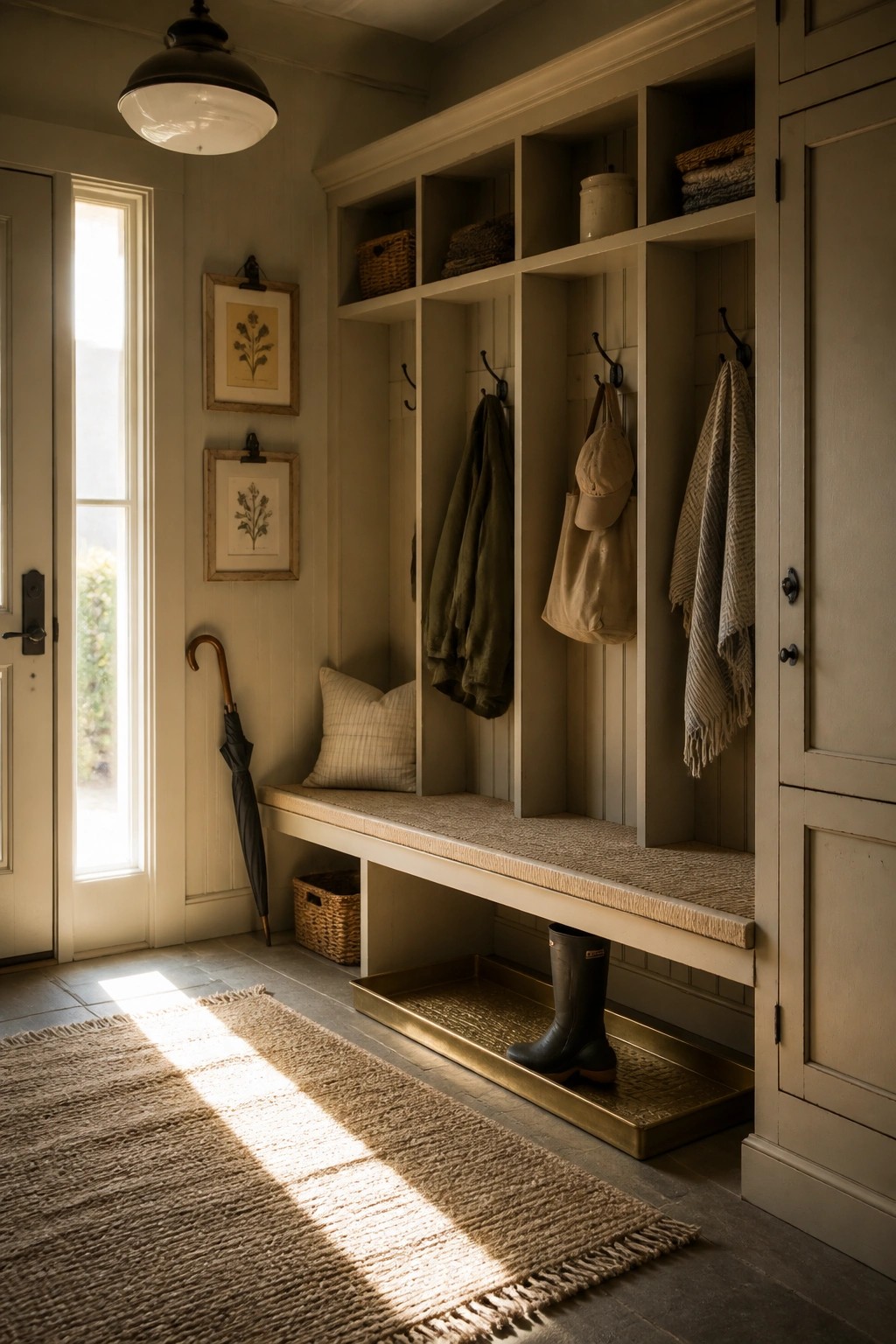A light neutral mudroom features built-in cubbies with hooks, a cushioned bench, and a lower tray holding boots, positioned beside a glass door.