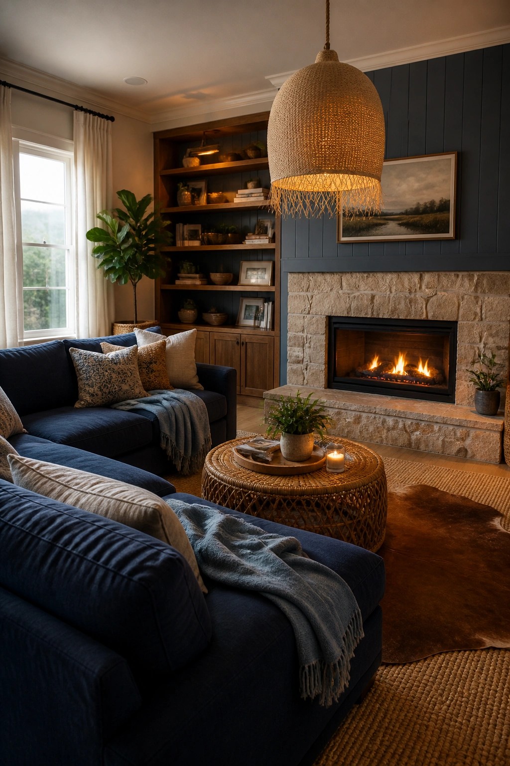 A living room with a navy blue sofa, stone fireplace with burning fire, built-in wooden shelves on a deep blue paneled wall, and a round wicker coffee table.