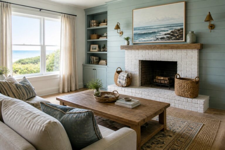 A living room with light blue green walls, a white brick fireplace with wood mantel, white sofas, and a wooden coffee table.