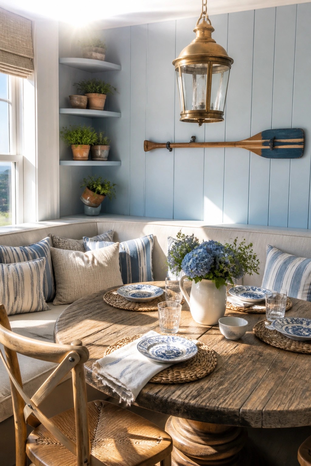 A round wooden dining table with blue and white dishes sits in front of light blue paneled walls with a built-in bench and striped pillows.