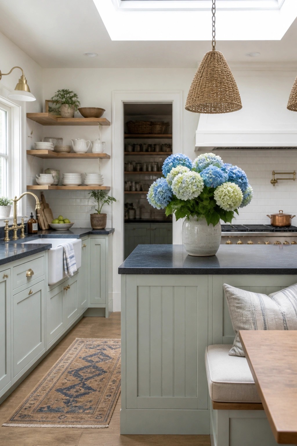A bright kitchen with light green cabinets, a dark stone island holding a large vase of blue and green hydrangeas, open wooden shelves with white dishes, and a white farmhouse sink under a window.