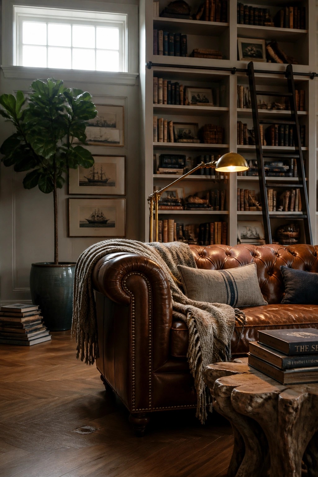 Brown leather sofa in front of white built-in bookshelves filled with books, a brass floor lamp, and a large potted plant on the left.