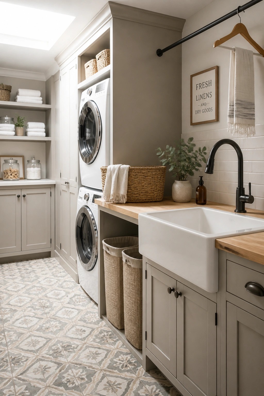 A laundry room with light gray cabinets, white washer and dryer, white farmhouse sink, wooden countertops, and patterned tile floor.