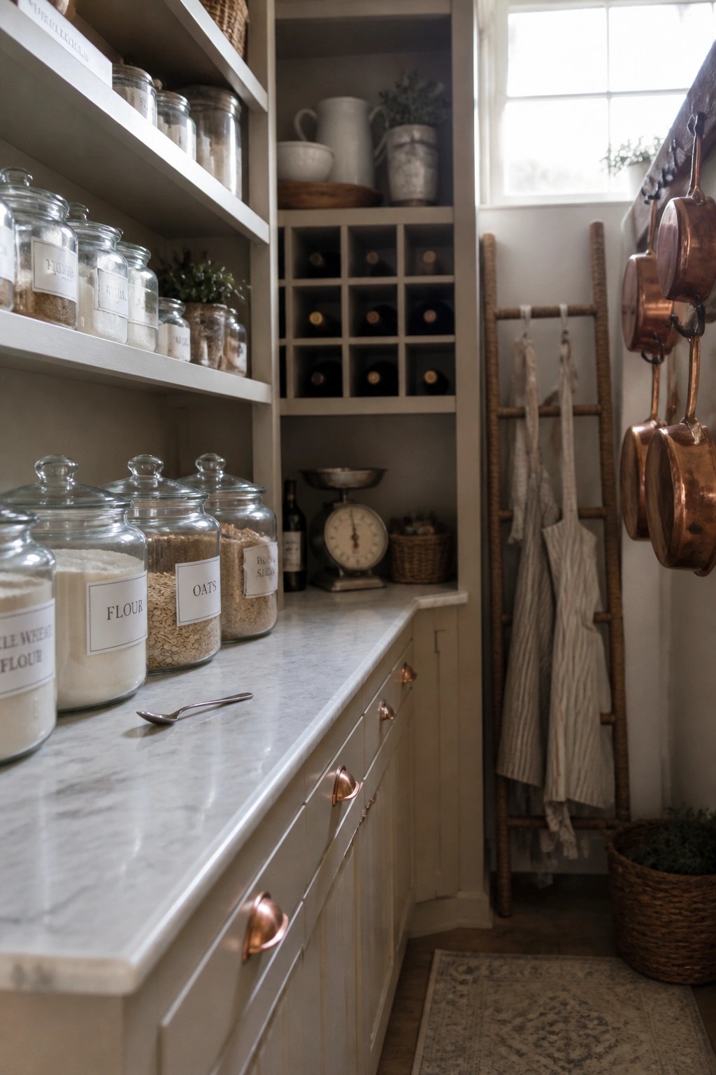 A pantry interior with off-white cabinets, marble countertop, labeled glass jars on shelves, and a wooden ladder holding aprons.