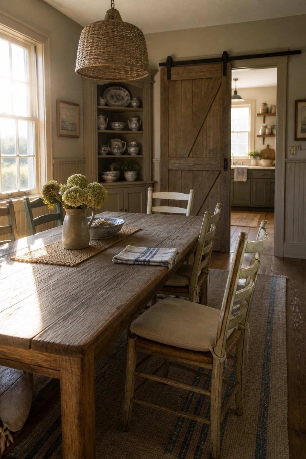 A wooden dining table with mismatched chairs in a room with light neutral walls, a built-in hutch holding blue and white dishes, and a sliding barn door opening to a kitchen.