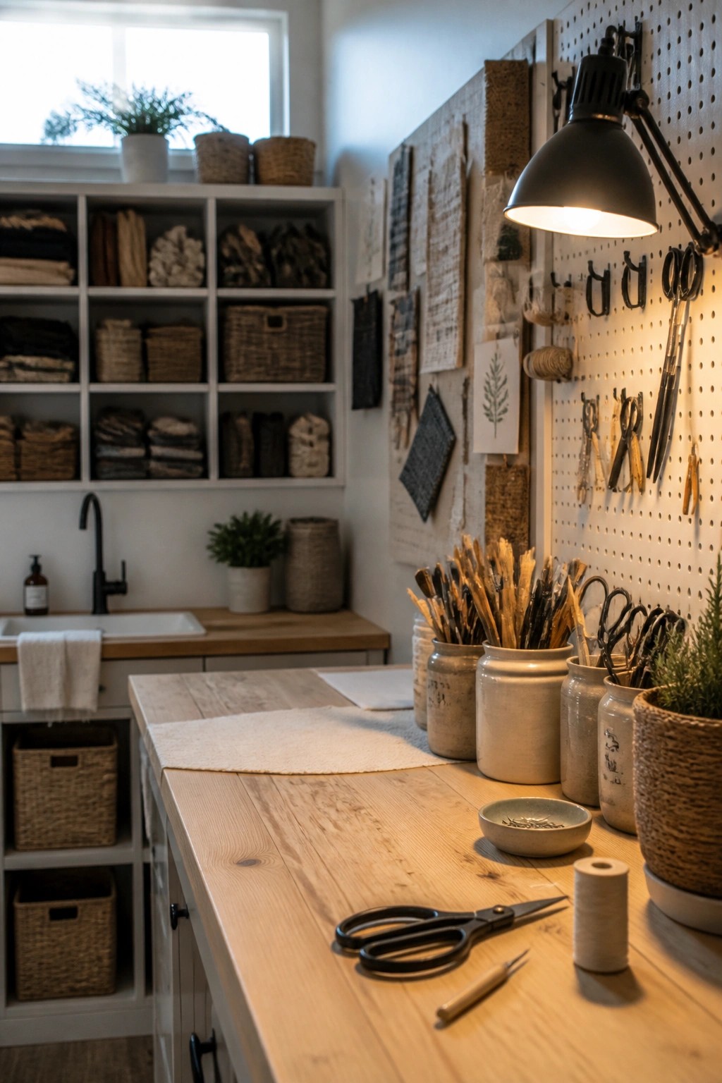 A light-filled craft room featuring a large wooden work table, white open shelving with baskets, a white pegboard wall with tools, and a black sink area.