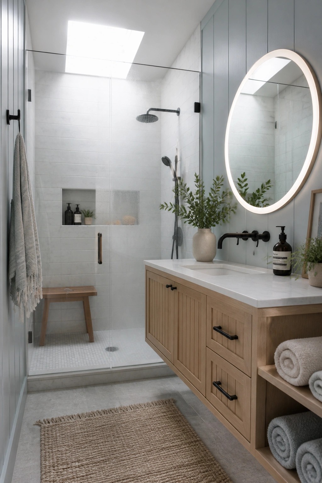 A bathroom interior showing a glass-enclosed shower with white tile, light blue vertical paneling on the adjacent wall, a light wood vanity with white countertop, and a round backlit mirror.