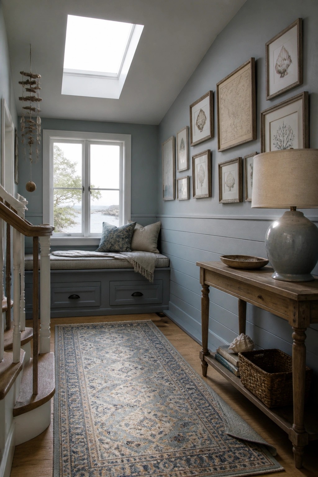 Narrow interior hallway with light blue-gray walls, white window trim, a built-in window seat with pillows, a wooden console table, and framed prints on the wall.