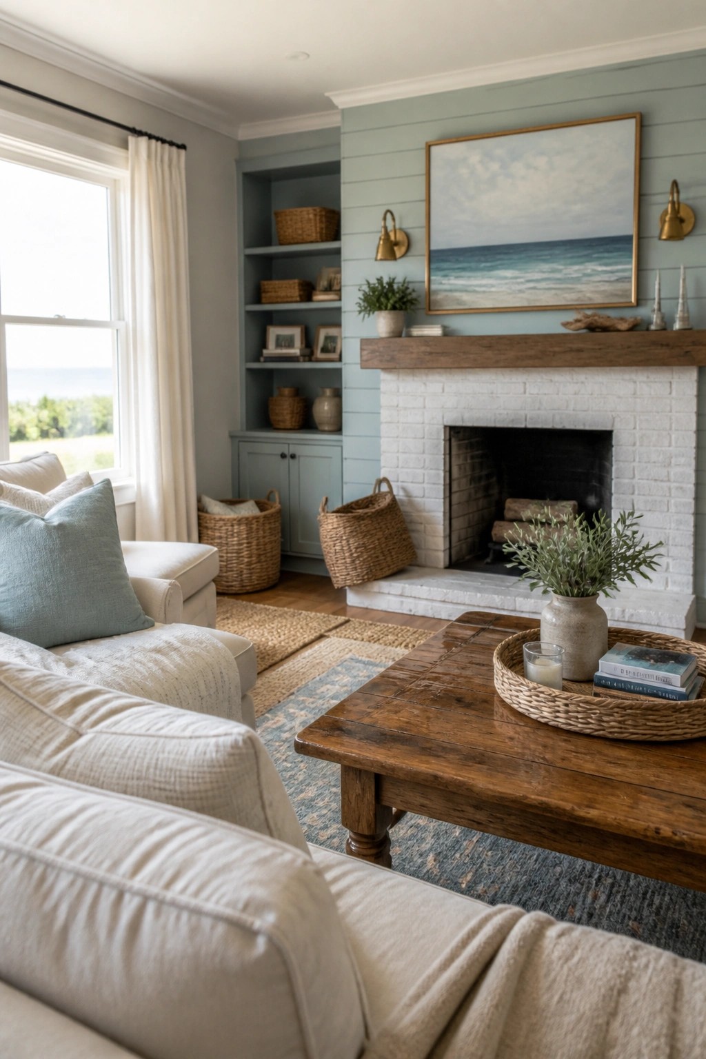 A living room with light blue green walls, a white brick fireplace with wood mantel, white sofas, and a wooden coffee table.