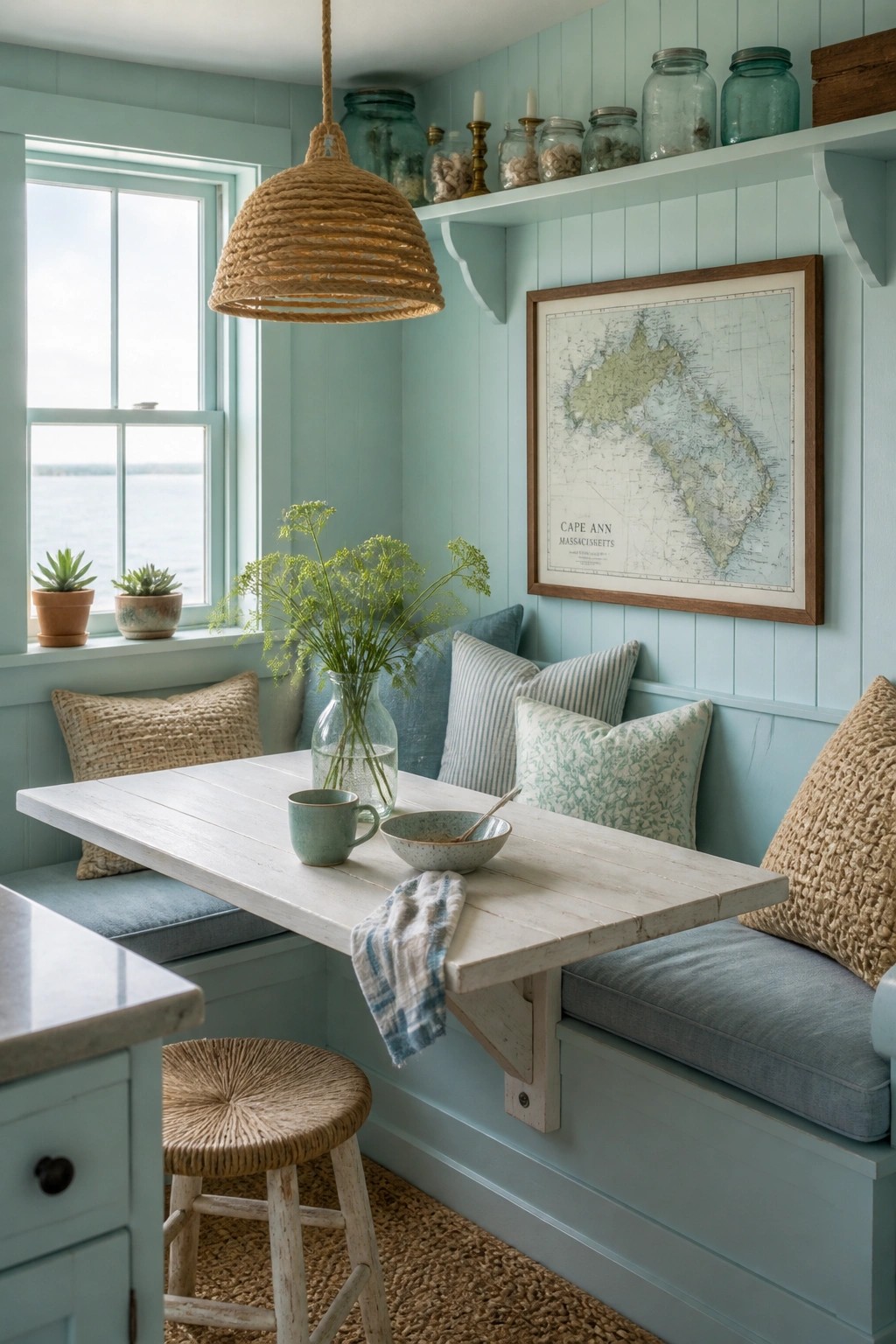 A light blue green painted dining nook with a white drop leaf table, built in bench seating with pillows, a rope pendant light, and a framed map on the wall.