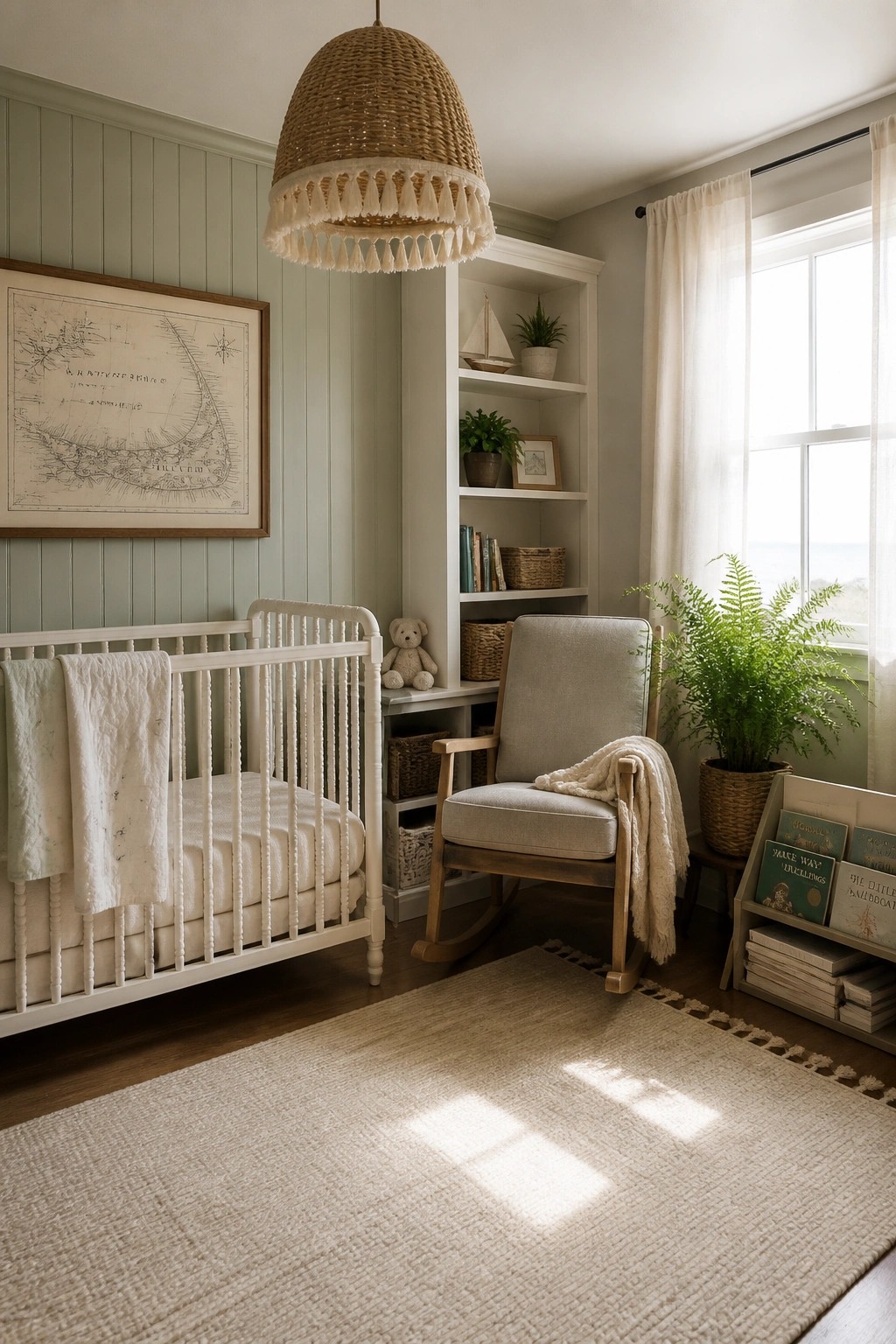 A nursery with light green walls, a white crib, a wooden rocking chair, and built-in white shelves.