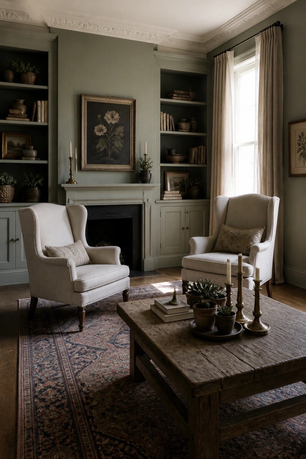 A living room with sage green walls, built-in bookshelves flanking a fireplace, two cream wingback chairs, and a wooden coffee table on a patterned rug.