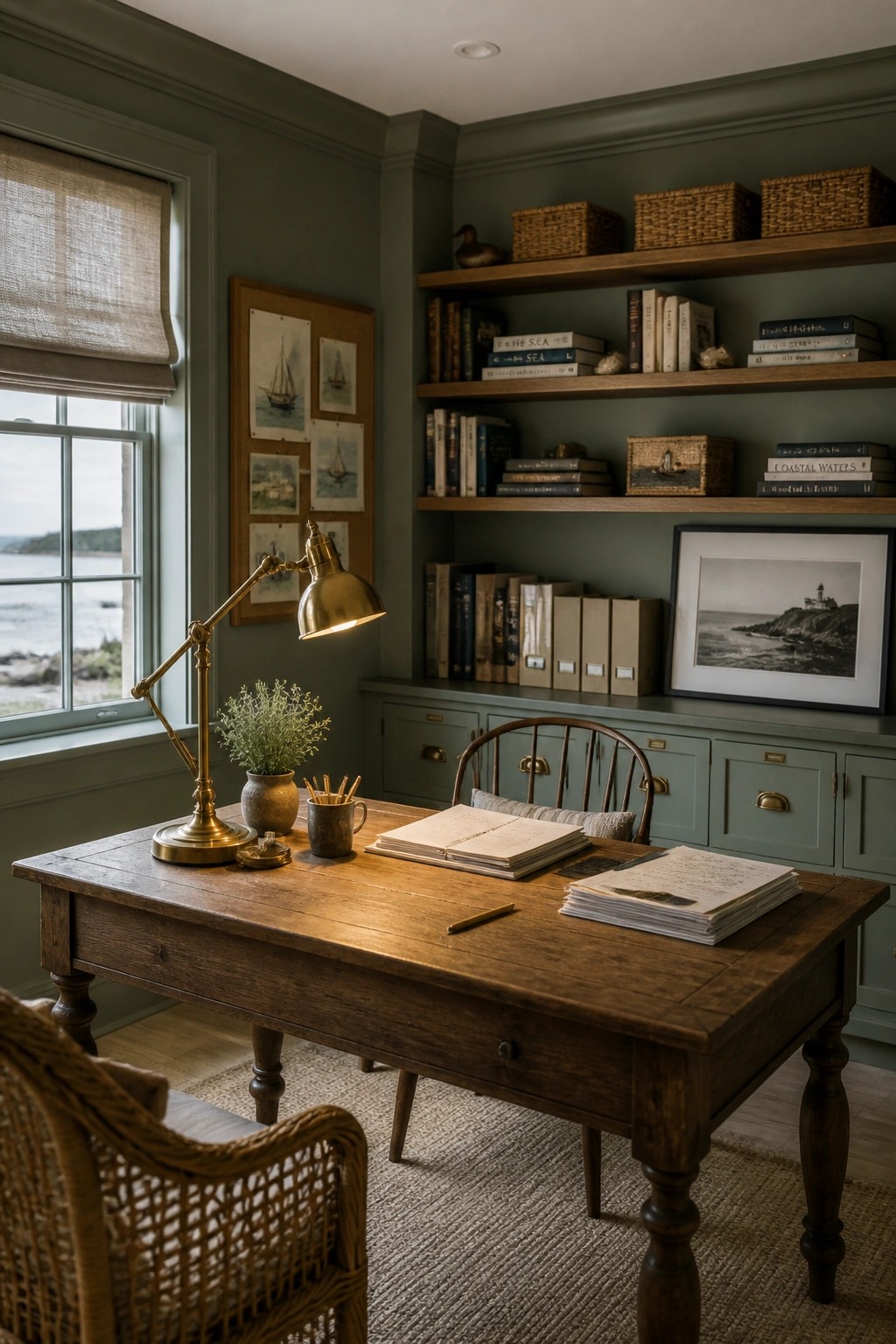 A wooden desk with books and a brass lamp in a room with sage green walls, built-in bookshelves, and a window view of the water.