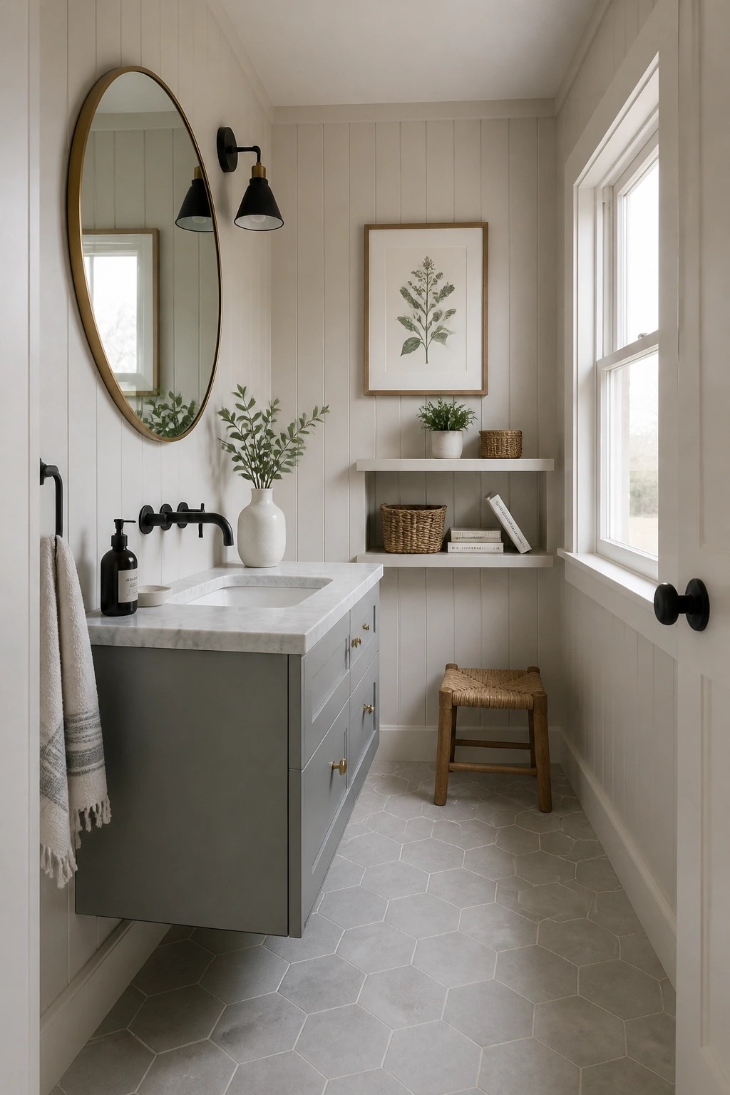 A narrow bathroom with light neutral walls, vertical paneling, a floating gray vanity with white marble top, round mirror, and hexagonal floor tiles.