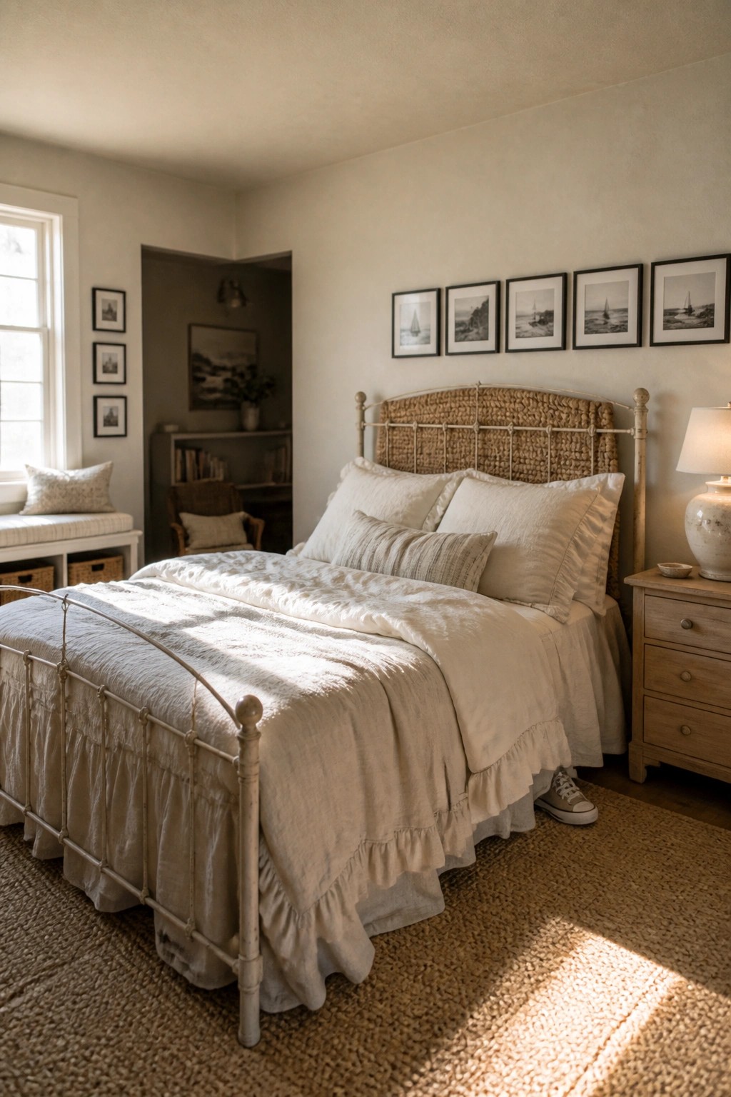 A bedroom featuring a white metal bed with ruffled white linens, a woven headboard, and several framed prints on a light-colored wall.